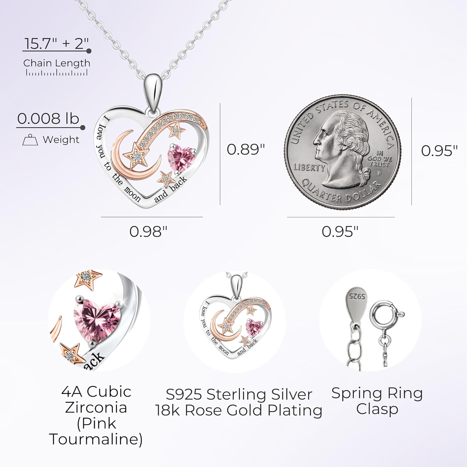 925 Sterling Silver Birthstone Heart Necklace for Women, “I Love You to the Moon and Back” Pendant, Gift-Ready Anniversary Birthday Jewelry Gift for Her Wife Mom Daughter Grandma - Image 6