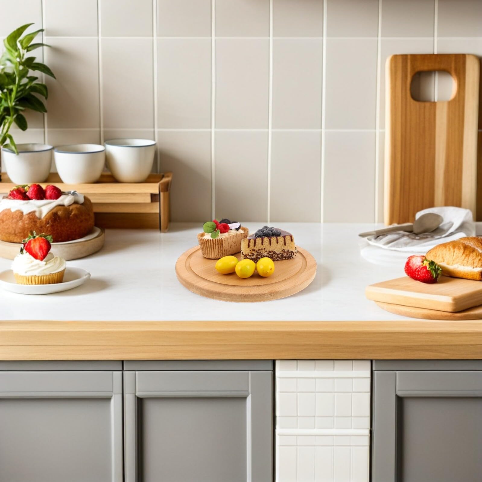 IMIKEYA Bandeja de Bambú para Servir Frutas y Bebidas para Desayunos y Charcutería Color Natural Diseño Redondo