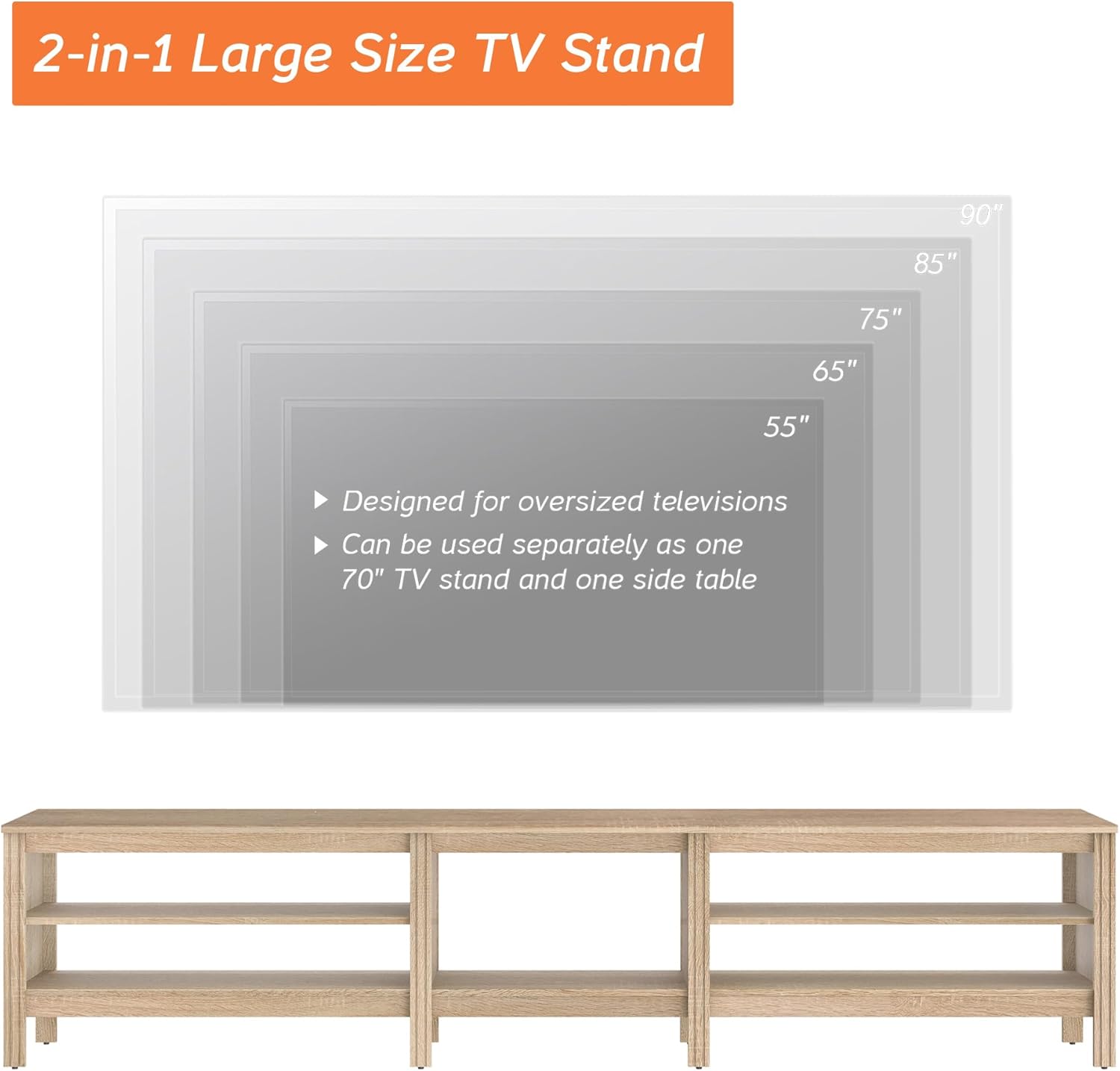 Diagram illustrating the WAMPAT TV stand's compatibility with various TV sizes, from 55 to 90 inches, and its 2-in-1 modular design.
