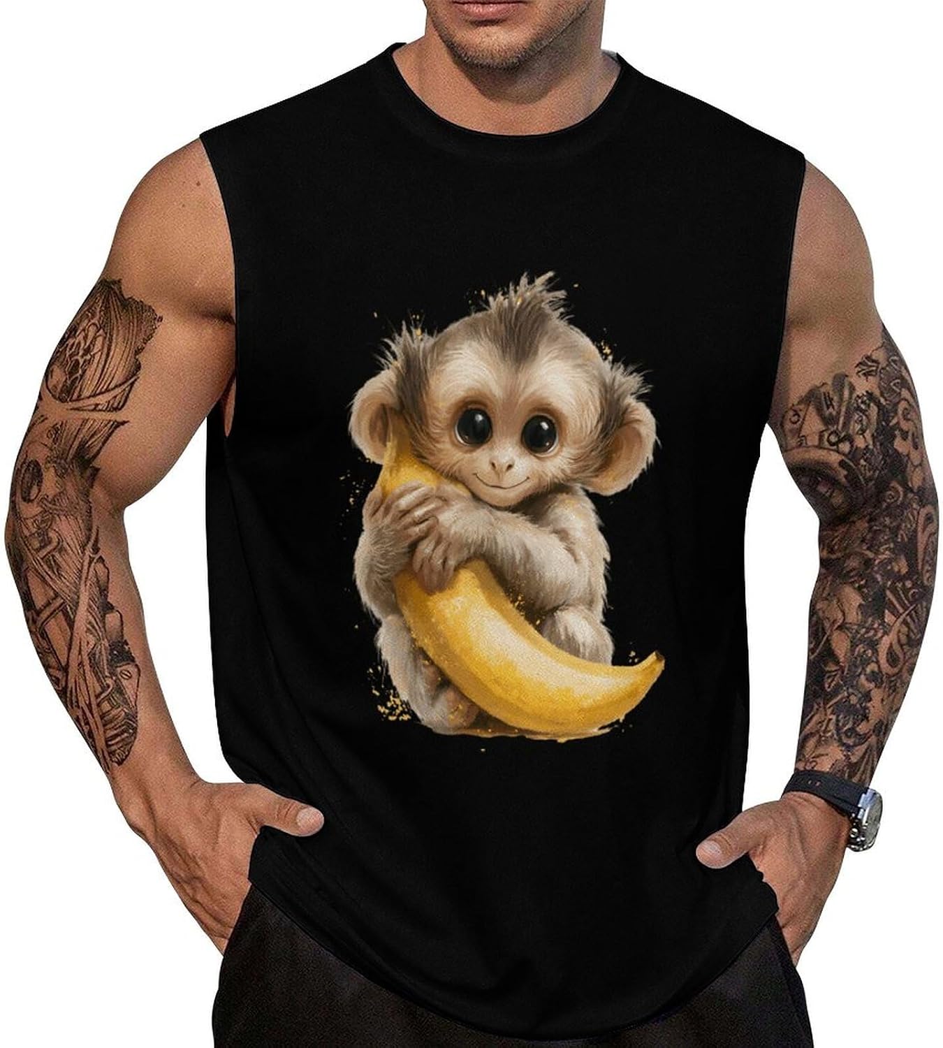 Cute Monkey Banana Men Summer Sleeveless Crew Neck Top 5XL