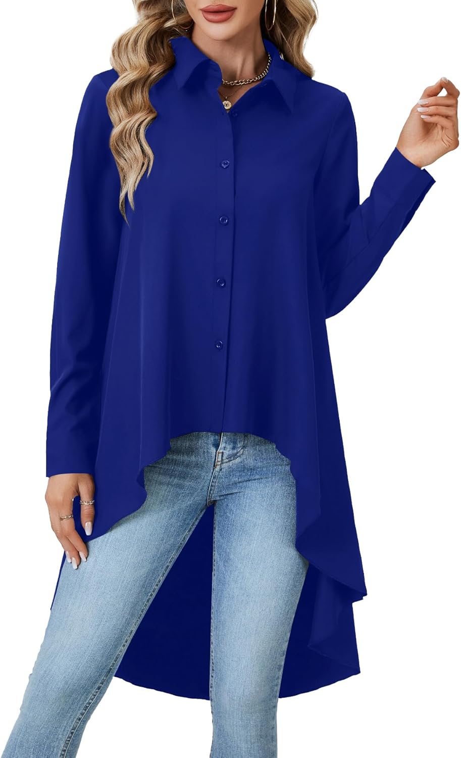 OPOIPIN Women's Button Down Asymmetrical Hem Collar V Neck Long Sleeve Blouse Top - Image 4