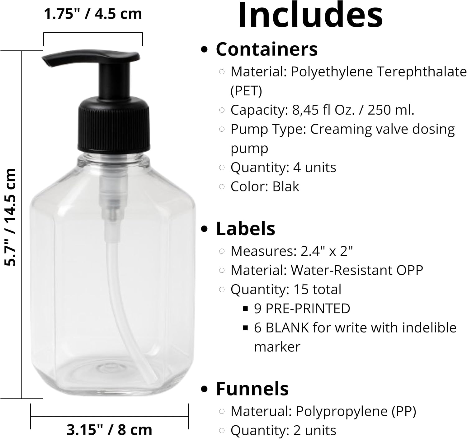 Pack of 4 Clear PET Bottles 8.5 fl oz with White Cream Pump and 2 Funnels - Refillable Plastic Lotion Dispenser Bottles for Soap, Shampoo, Body Creams (4, Transparent, 8.5 fl oz.)