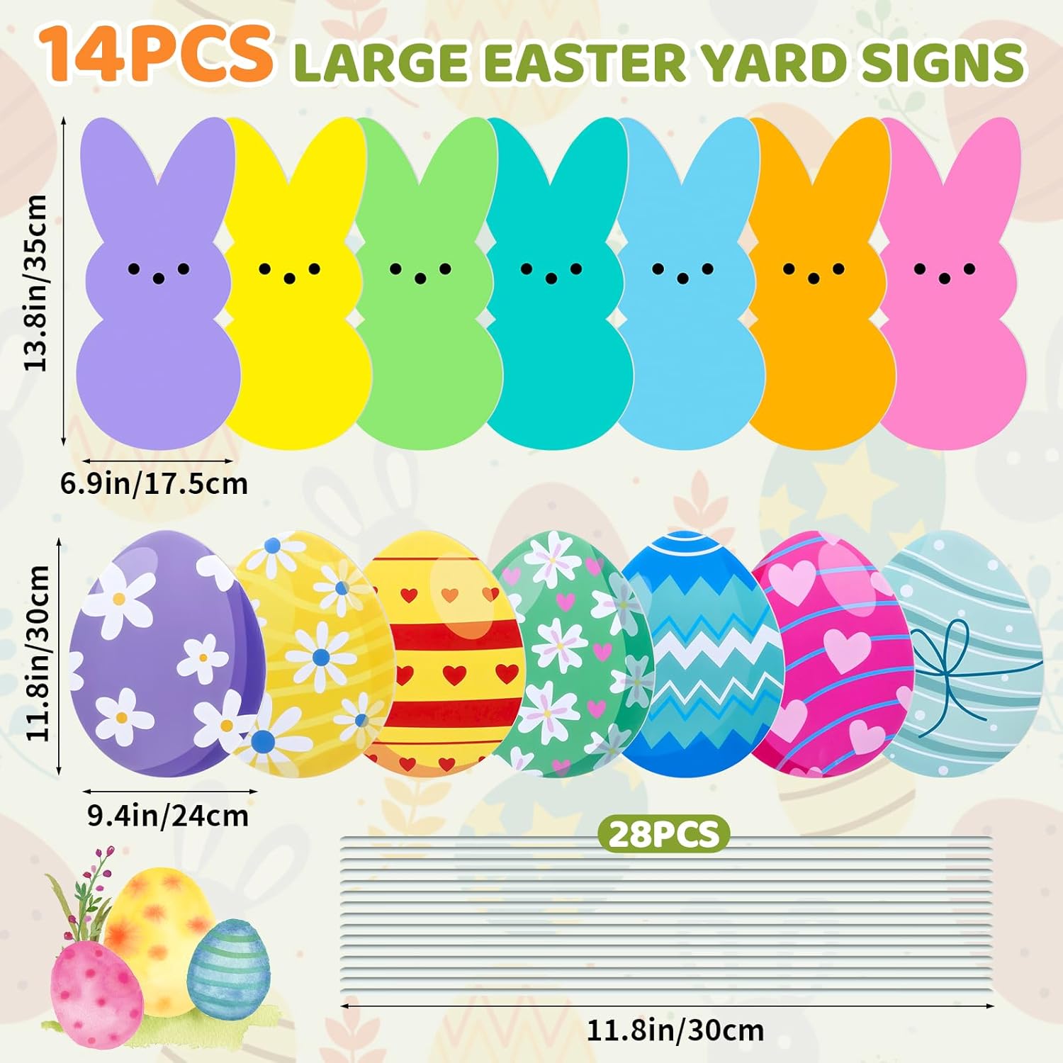 14pcs Easter Yard Signs Outdoor Decorations, Waterproof Bunny Eggs with Stakes Lawn Yard Decorations, Large Size Easter Rabbit Egg Home Patio Ornaments Party Supplies Spring Decor Prop