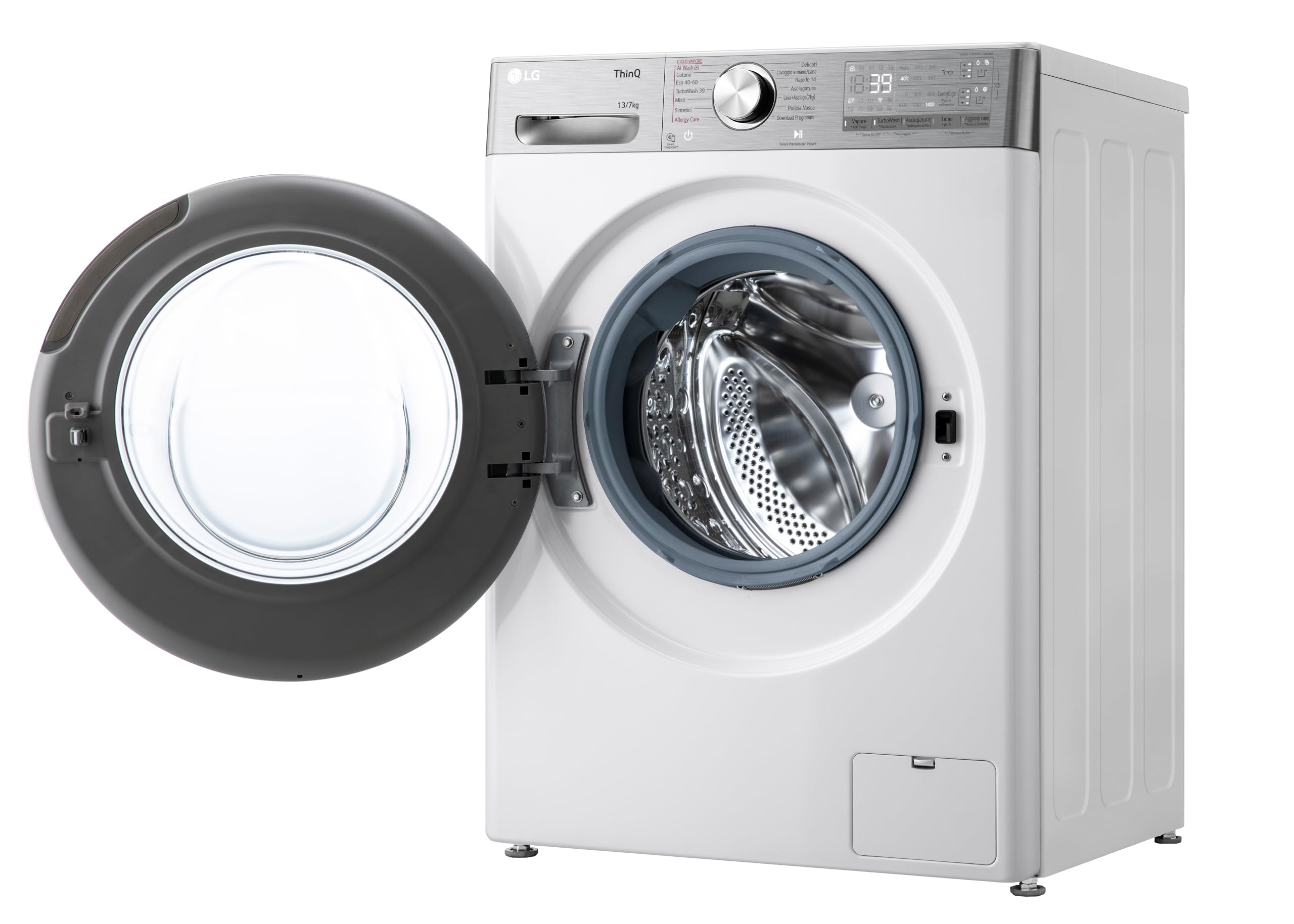 LG AI DD D4R9513TPWC Lavasciuga 13/7kg, Serie R9, Classe D, Lavatrice Asciugatrice, 1400 Giri, TurboWash 360, Vapore Steam+ e Antipiega, Autodosaggio, Wi-Fi, Bianca