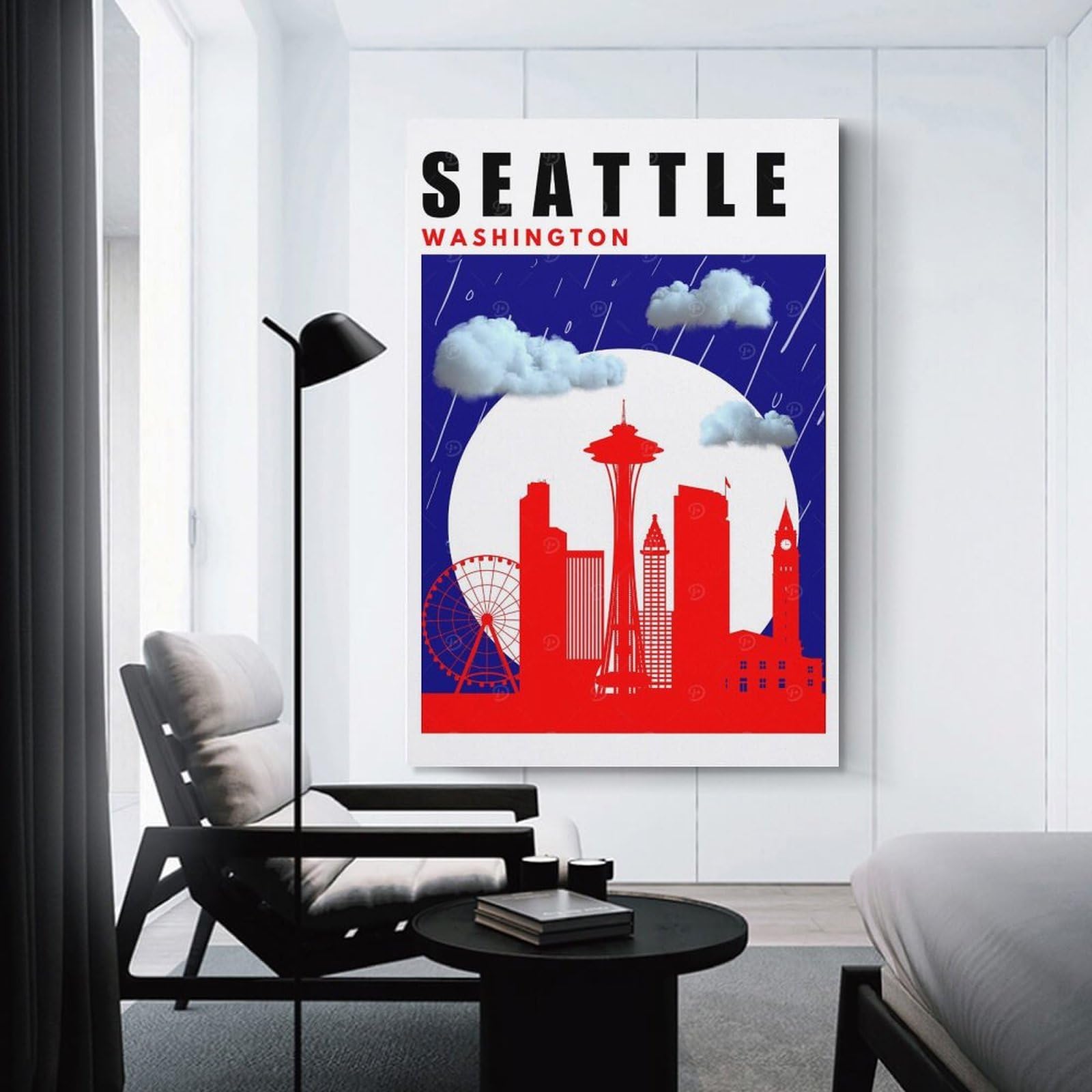 Junmoney Seattle Washington Mid Century Modern Travel Poster Home Decor Wall Art, 24x36inch(60x90cm), for Apartment Walls, Studios Or Work Areas, Stylish Wall Art for Fresh Spaces