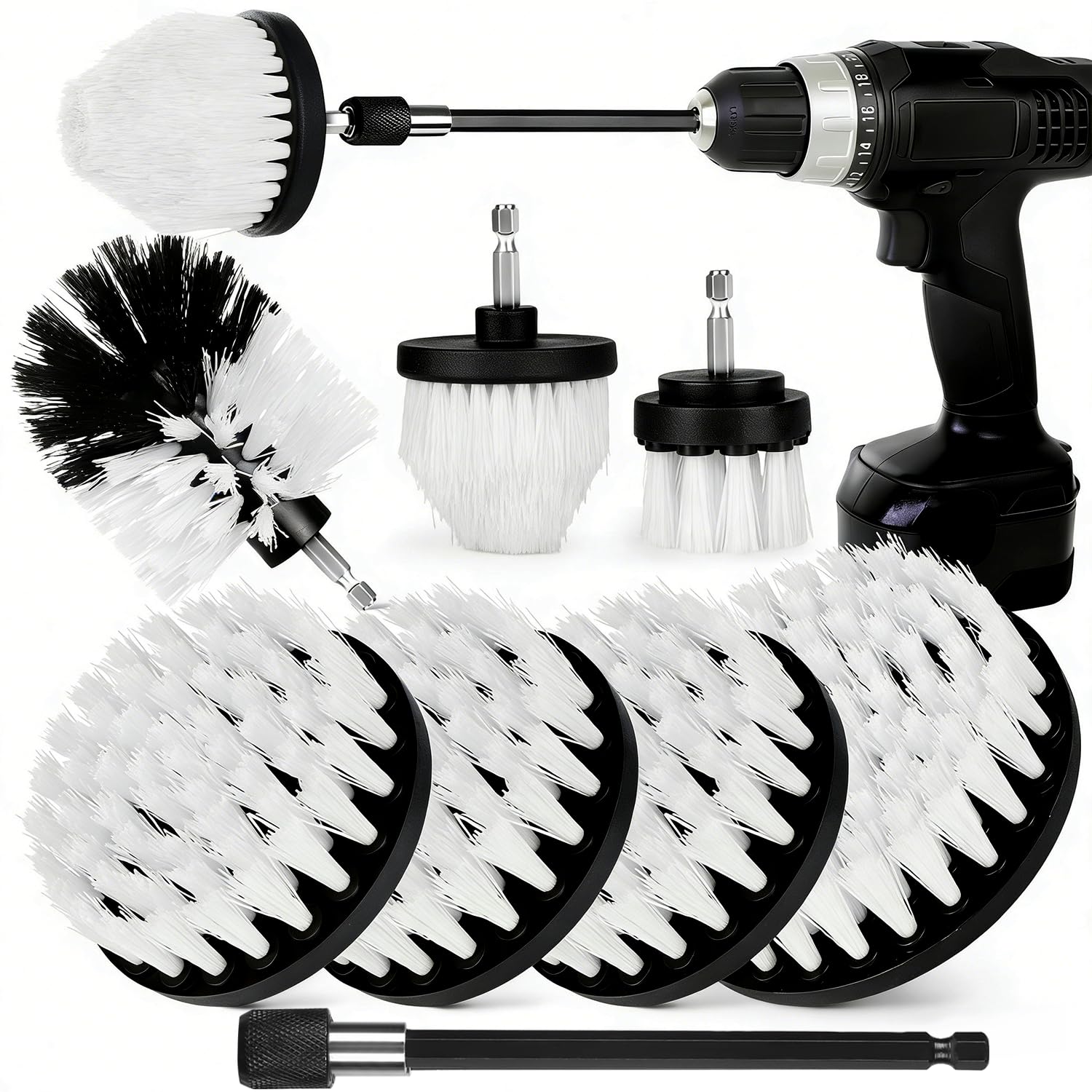 8 Pack Drill Brush Attachment Set,1/4in Power Scrubber Brush + Extend Long Rod, Power Cleaning Scrub Brush for Bathroom, Tub, Tile, Floor, Grout, Boat(White)