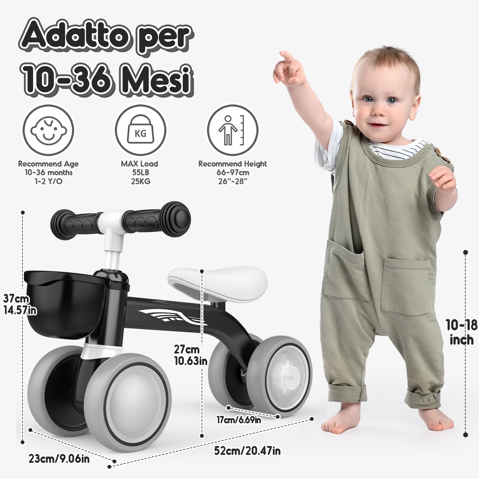 HappyGoLucky Bicicletta Senza Pedali, Ruote Colorate, Ultra Leggero, Bicicletta Equilibrio per Bambini 12-24 Mesi con Cestino, Giochi per Bambini 1 2 Anni, Regalo di Primo Compleanno, Regali Natale