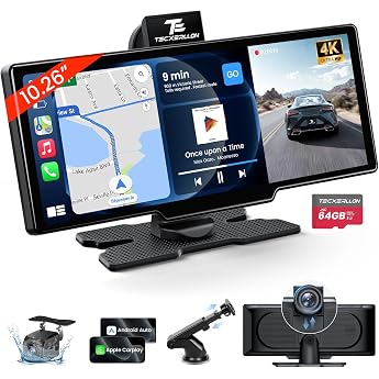 10.26 inch wireless carplay & Android car apple car play display with 4 k dashcam & 1080p rear camera android car display with GPS navigation mirror link aux fm 64g tf