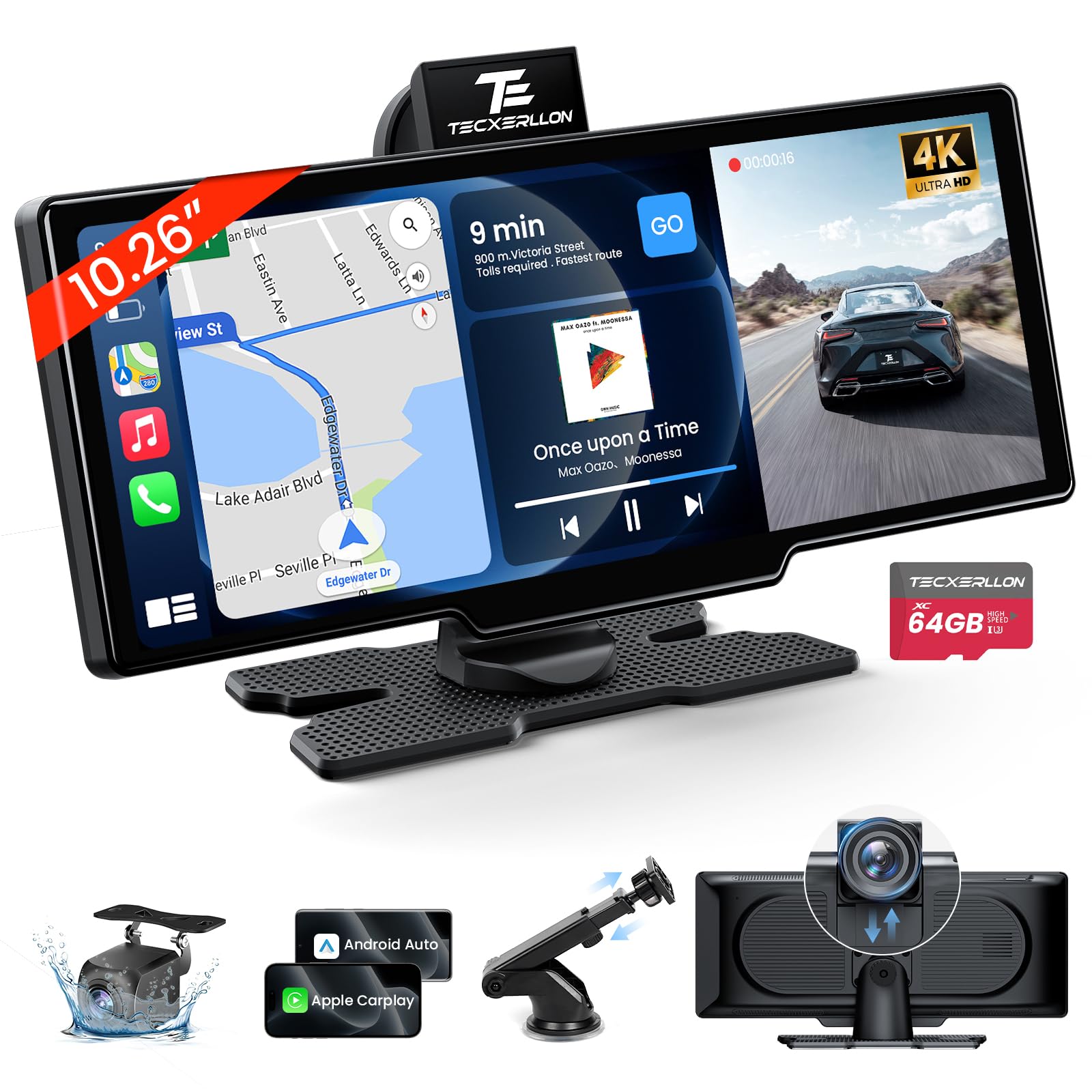 10.26'' Wireless Carplay & Android Auto, Apple Car play Screen for Car Tablet with 4K Front & 1080P Rear Camera, Android Auto Touchscreen, 64G with GPS Navigation, Airplay, Mirror
