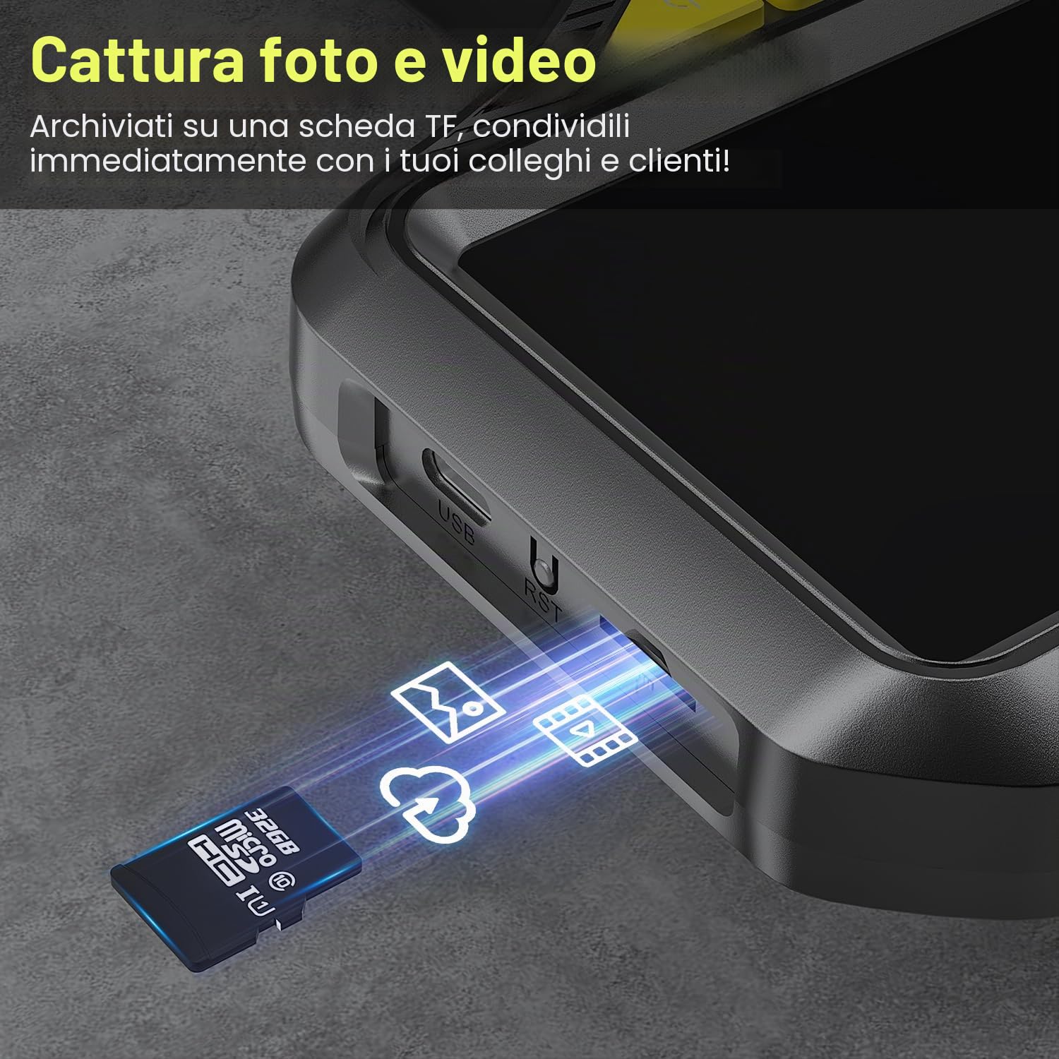 Endoscopio a Doppia Lente, Zealtron Endoscopio Industrial con Schermo Grande da 5” IPS, Telecamera endoscopica con 8+1 LED Regolabili 7,9 mm IP67 Sonda Impermeabile Cavo Semirigido-5M