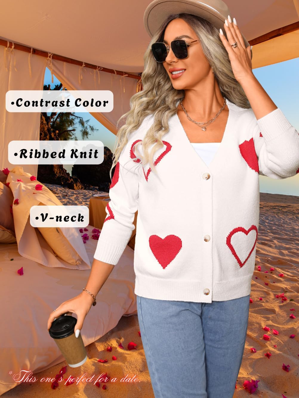 Women Cute Heart Cardigan, V Neck Open Front Button Down Valentines Sweater, Long Sleeve Drop Shoulder Soft Sweaters - Image 4