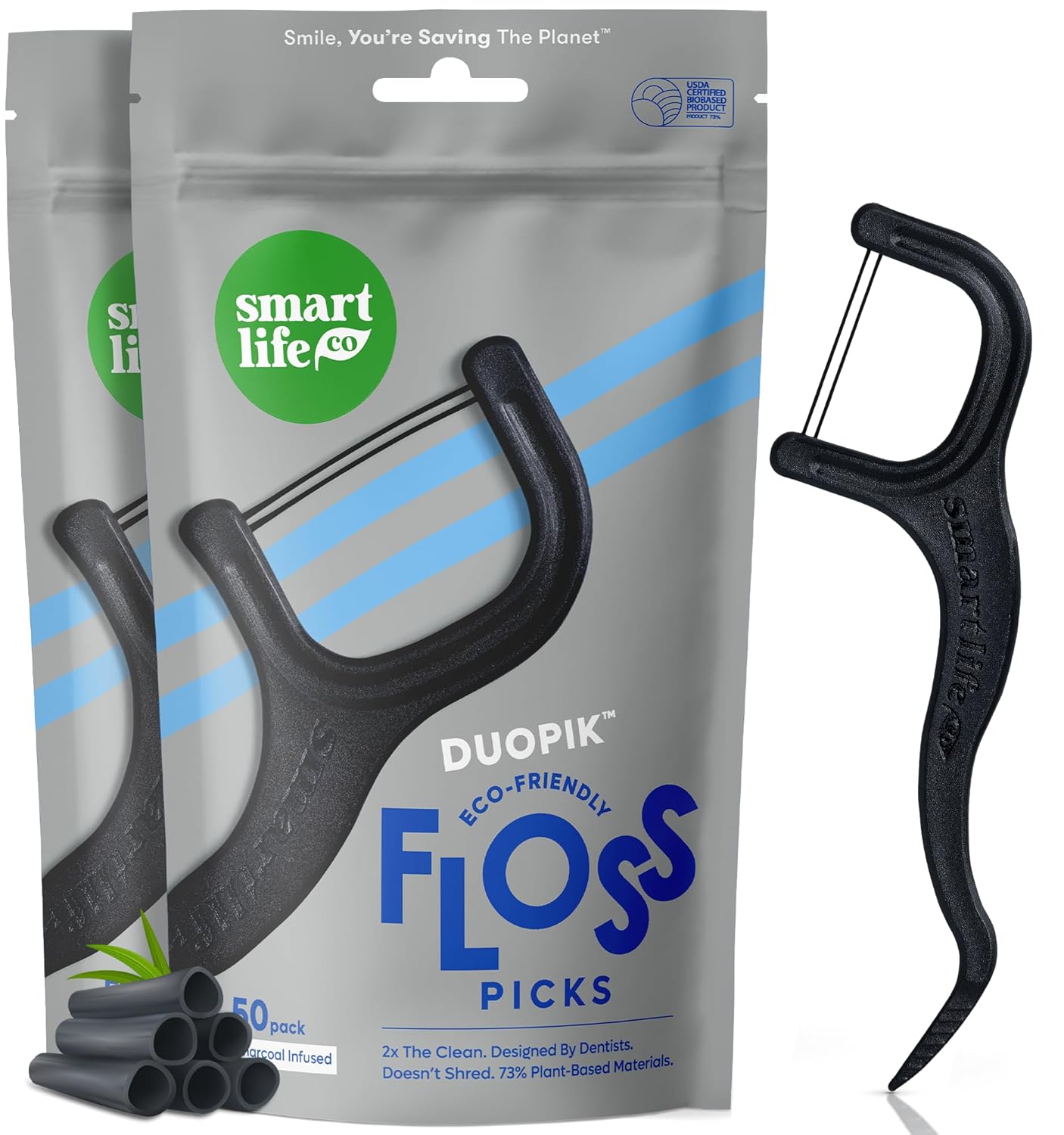 SmartLifeco Eco-Friendly Dual-Thread Dental Floss Picks 100ct - Flossers Made with Straw Wheat Blend Natural Teeth Whitening Tooth