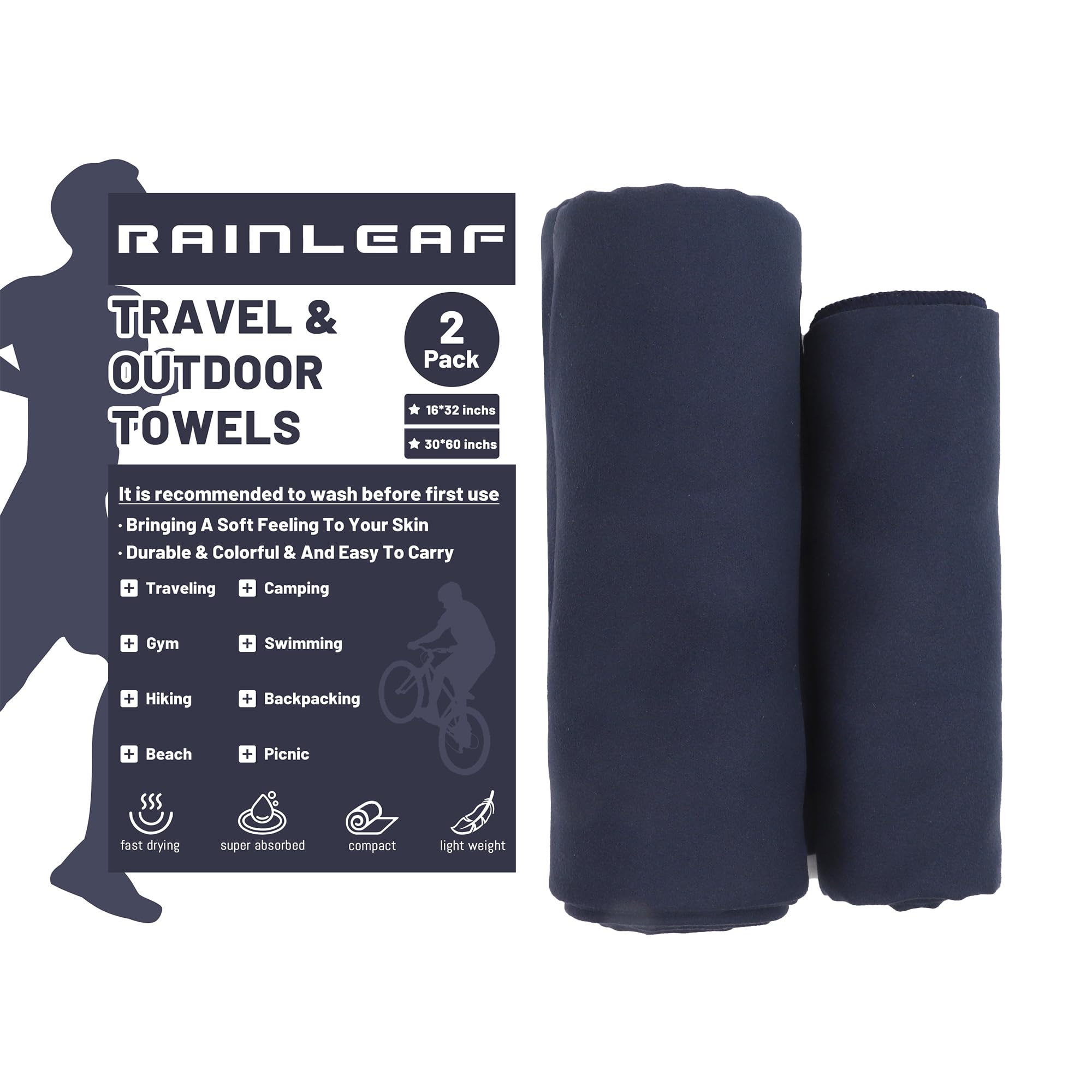 Rainleaf 2 Pack Microfiber Quick Dry Travel Towel, Super Absorben...