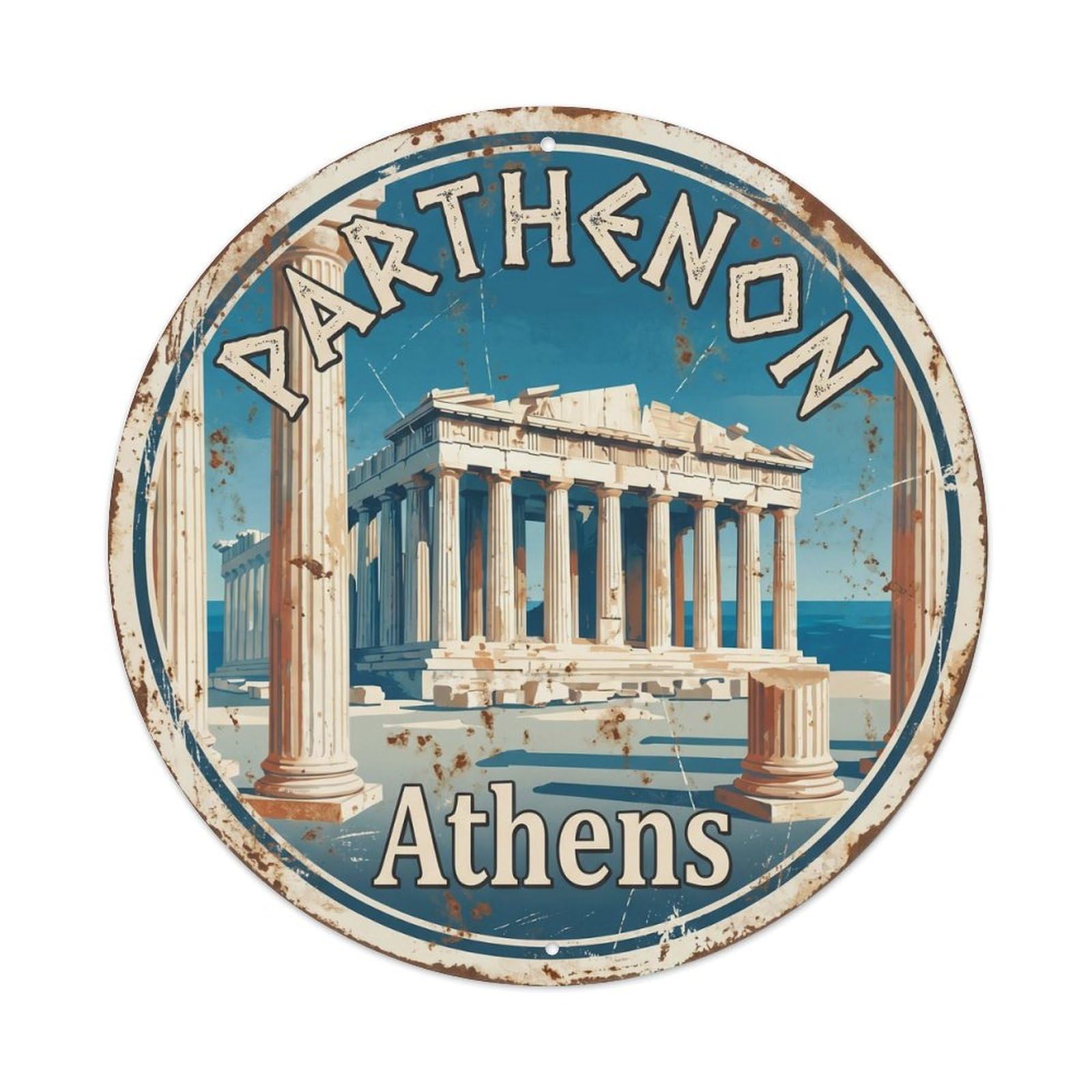 Vintage Travel Parthenon Athens Greece Metal Tin Sign Plaque Wall Decor for Cafe, Club Bar, Office, Home Garden Round Metal Poster 8x8Inch