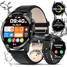 Smart Watches for Men(Answer/Dial Calls),1.43'' AMOLED HD Touch Screen Fitness Tracker with Heart Rate/SpO2/Sleep Monitor,400mAh/120 Sports Modes/ IP68 Waterproof Smartwatch for iOS Android,Leather