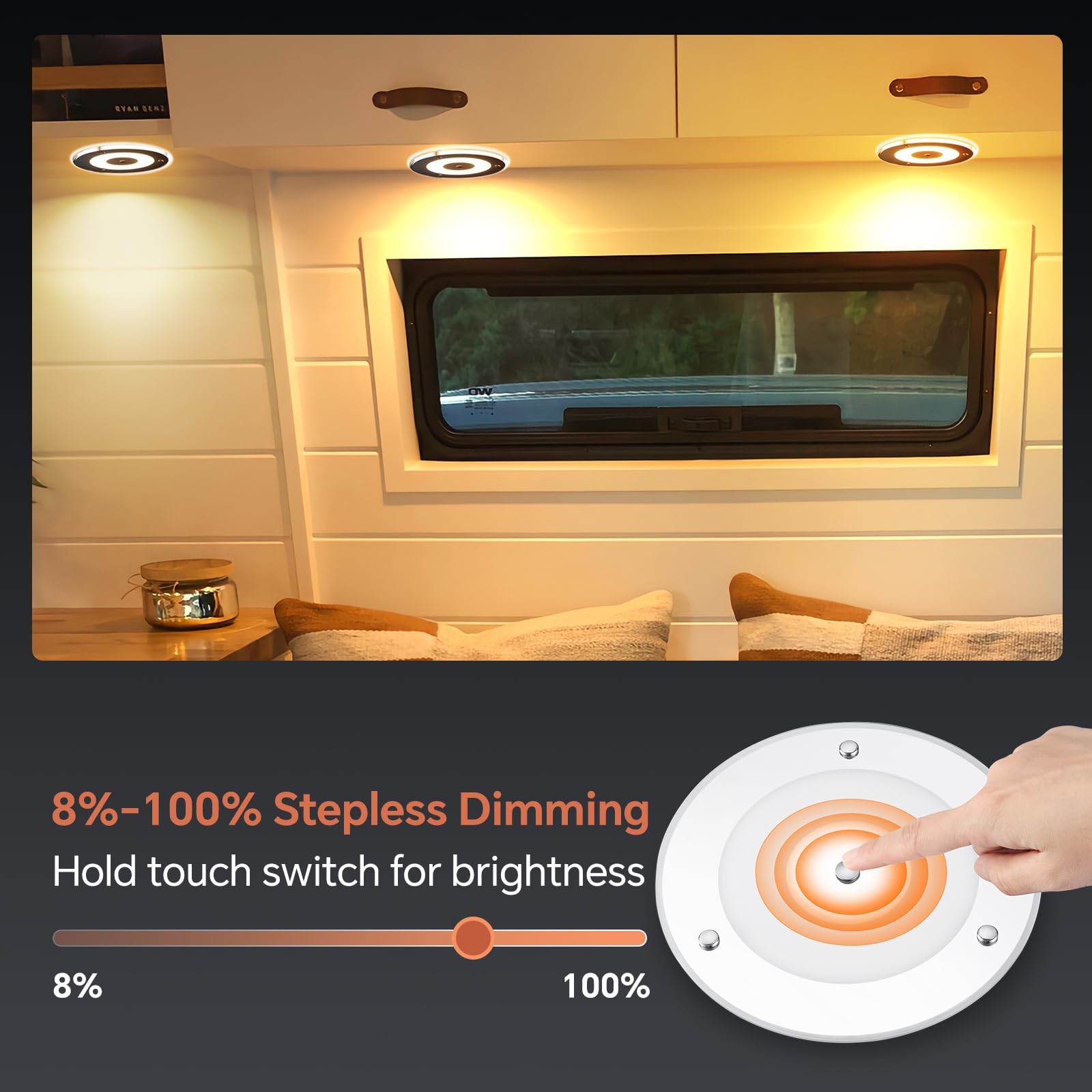 Lampada da Soffitto LED 12V 9W Dimmerabile Plafoniera per Auto Camper Caravan Barca Yacht illuminazione Interna, 185mm 24V 720LM 3000K con Luce Blu, Interruttore tattile