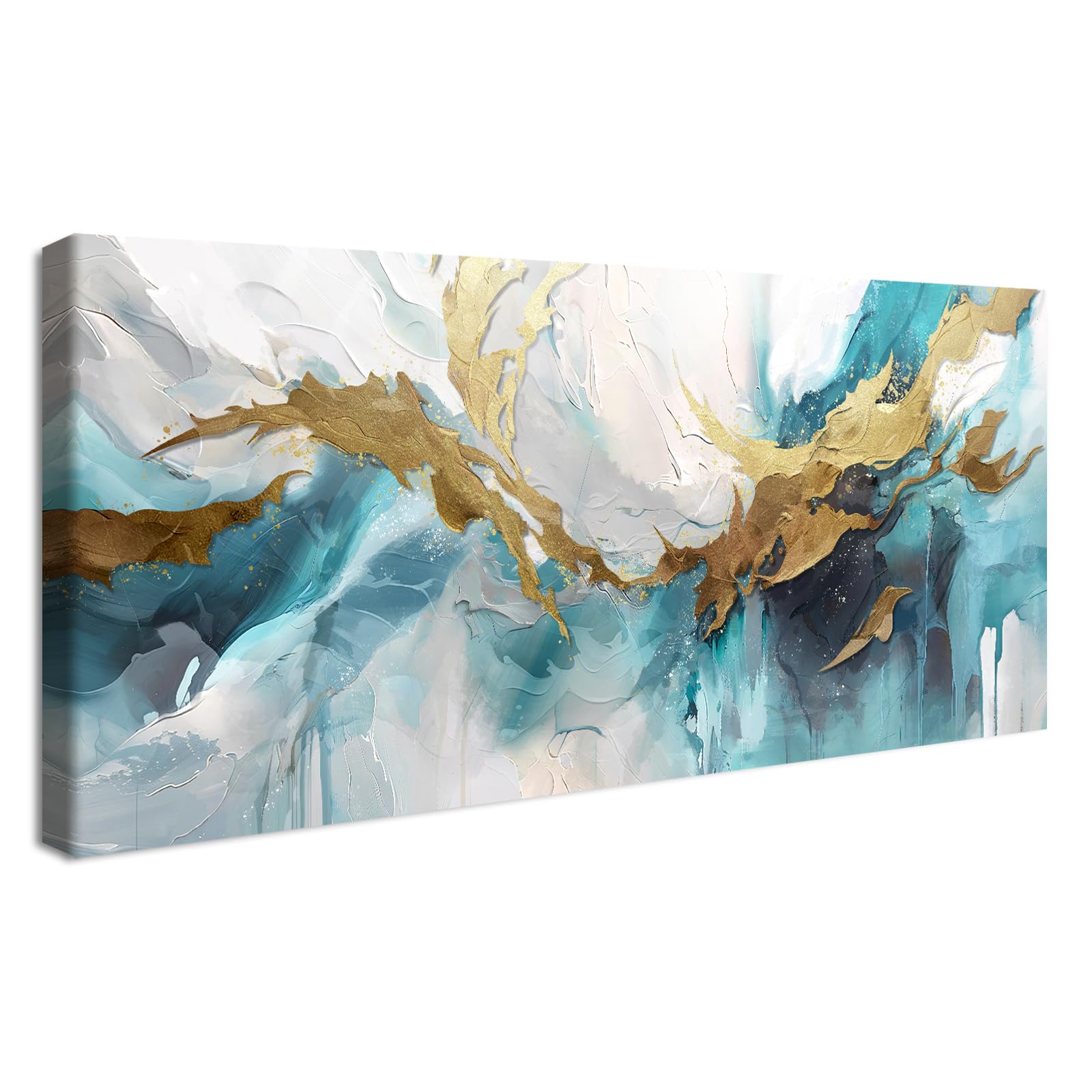 HALFLEMART Wooden Framed Large Canvas Wall Art Abstract Green Gold Grey Painting on Canvas Prints Poster Marble Pictures for Living Room Bedroom Restaurant Wall Decor Ready To Hang 50x120cm — image 1