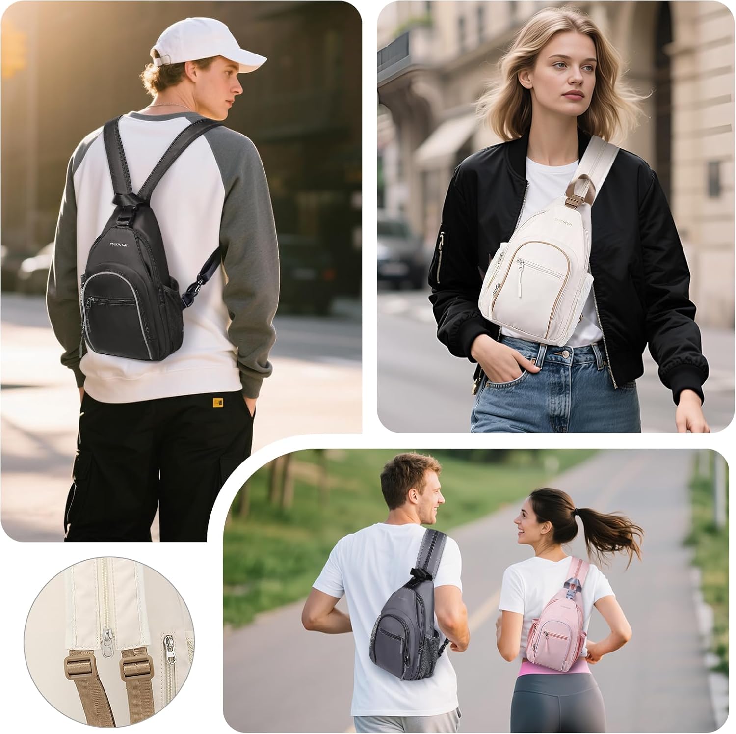 Crossbody Sling Bag with Water Bottle Holder, 8.3" Convertible Small Backpack Anti Theft Daypack, Chest Fanny Pack for Men Women, Beige - Image 2