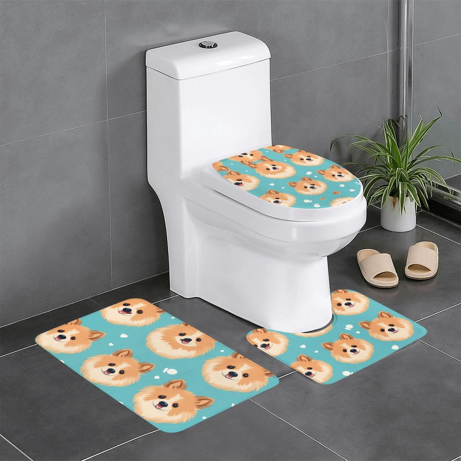 Tapis de salle de bain antidérapants 3 pièces motif chien contour ovale et rectangulaire sécurisé