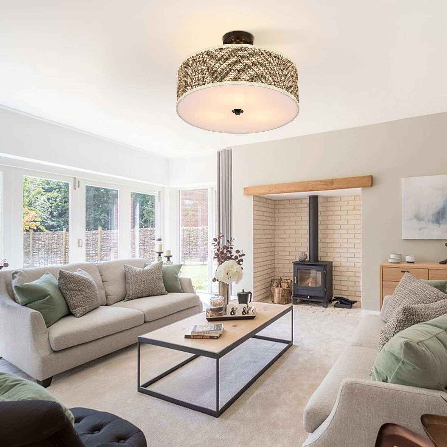 Modern 3-Light Flush Mount Ceiling Light Fixture with Fabric & Acrylic Double Drum Shade Mid Century Linen Drum Fabric Ceiling Light for Bedroom Hallway Living Room Bathroom Dining Kitchen