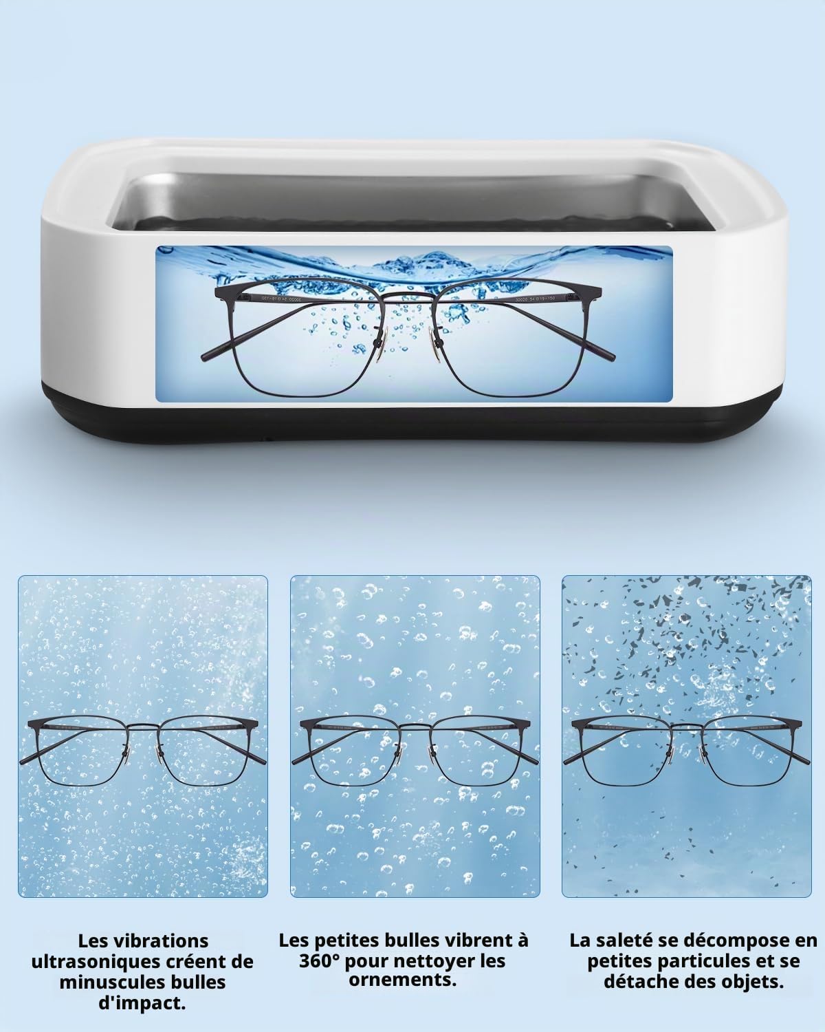 Nettoyeur Ultrasons, 49kHz Nettoyeur Bijoux à Ultrason, 650ML Appareil De Nettoyage De Lunettes avec 5 Réglages de Temps, Ultrasonic Cleaner pour Bijoux, Dentier, Montres, Lunettes, Tête de Rasoir