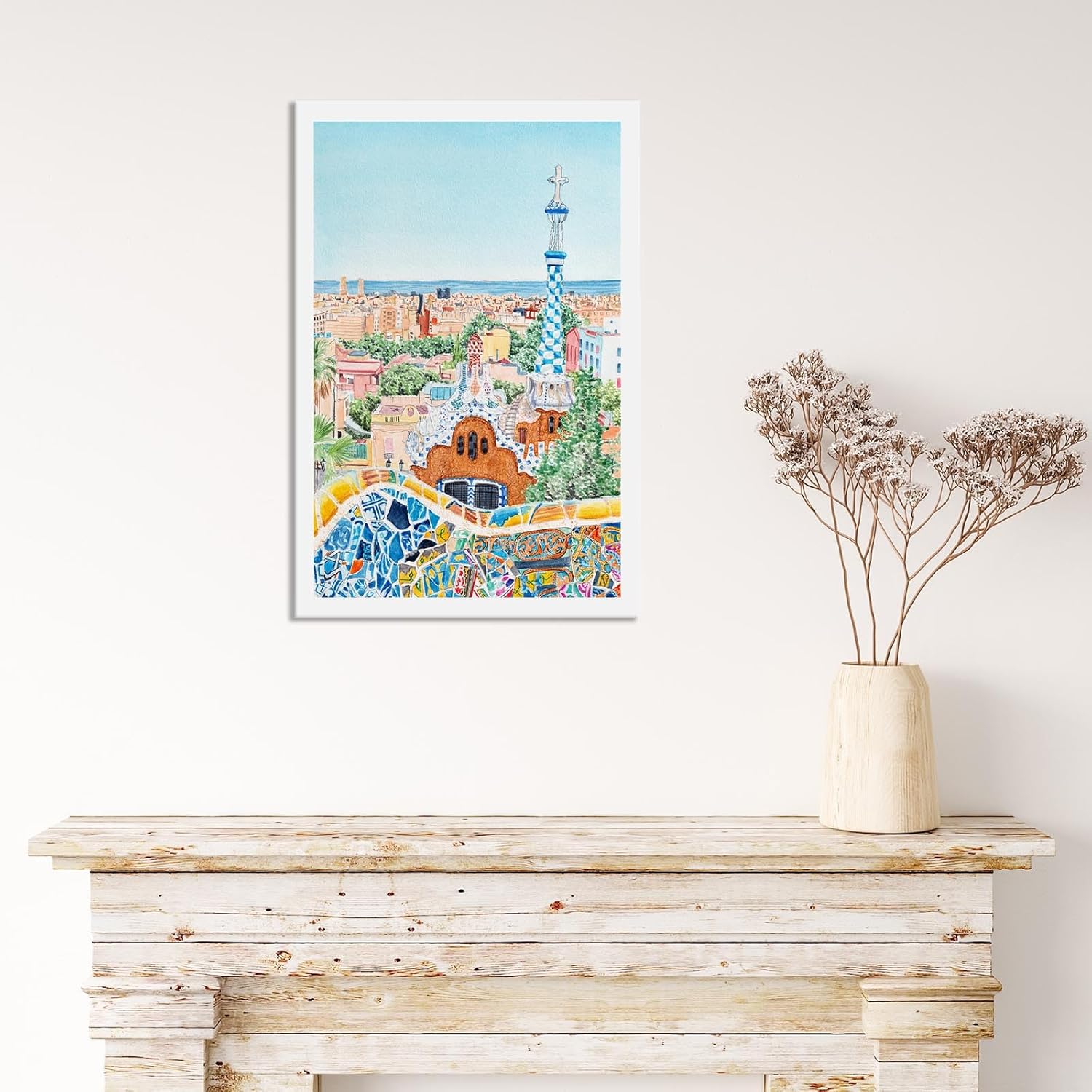 Viokalt Vintage Barcelona Scenery Wall Art Funky Spain Park Guell City Landscape Canvas Posters Europe Travel Prints Painting For Family Living Room Bedroom Wall Decor 16x24in Framed
