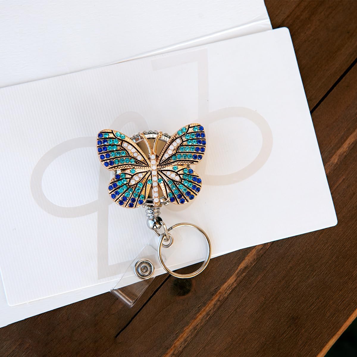 Sparkly Bling Butterfly Badge Reel with Extra Bling Silvery Rhinestones, Retractable ID Badge Holder with Belt Clip, Name Badge Clip for Women Nurse RN (Blue)