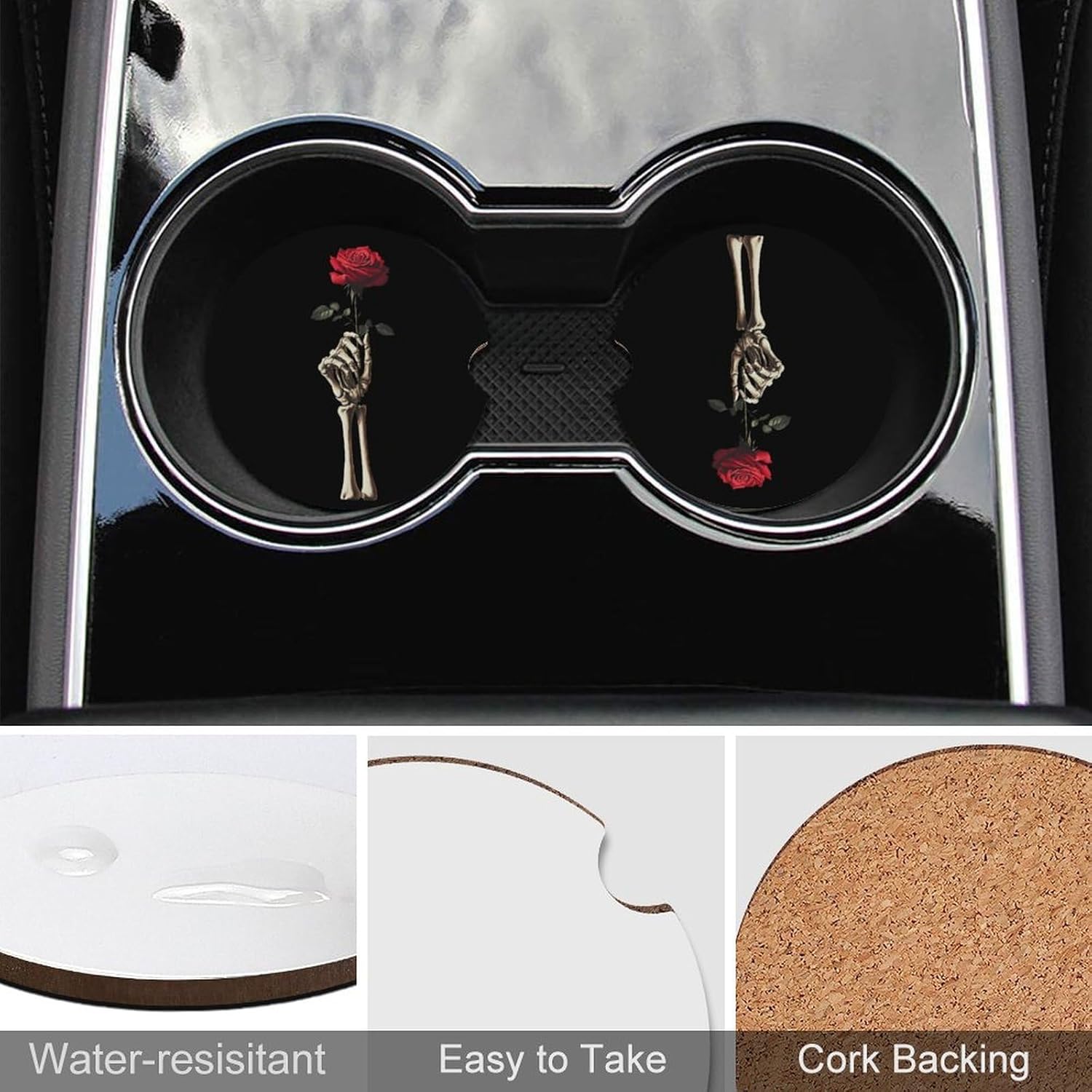 Skeleton Hand with Rose Cute Car Coasters 2.56 Inch Absorbent Cup Holder for Drinks Auto Interior Accessories