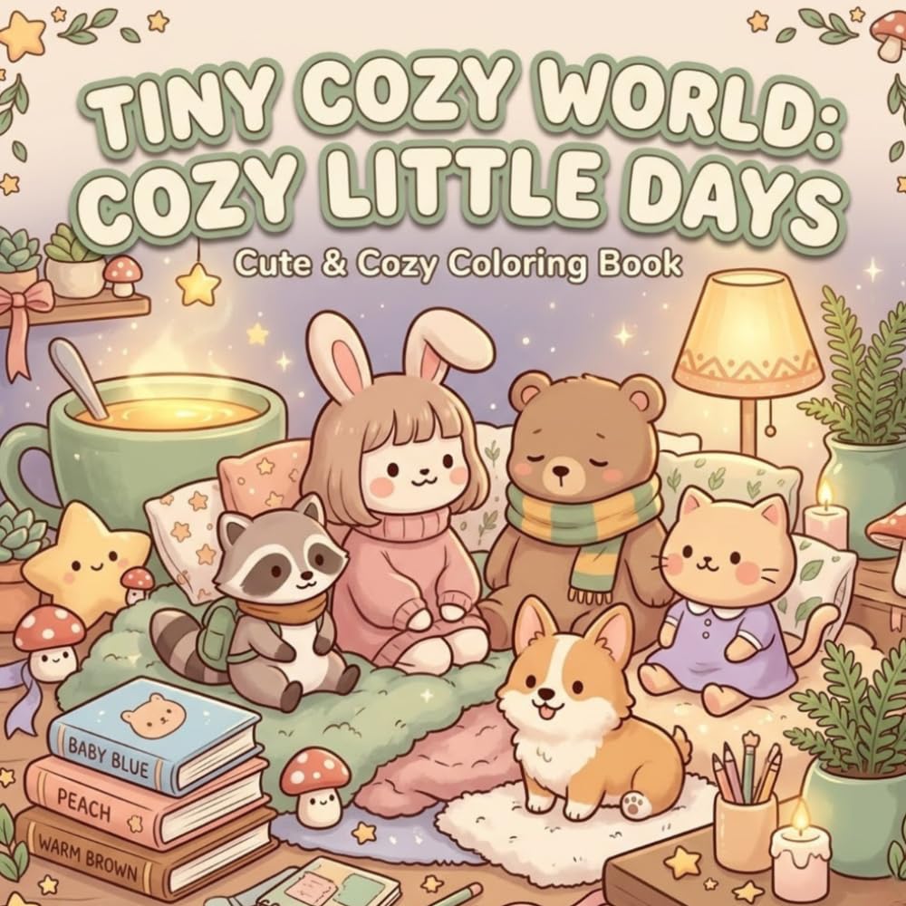 Tiny Cozy World: Cute Animal Coloring Book for Adults and Teens Featuring Cozy Mascot Characters, Easy Simple Designs, and Relaxing Everyday Scenes