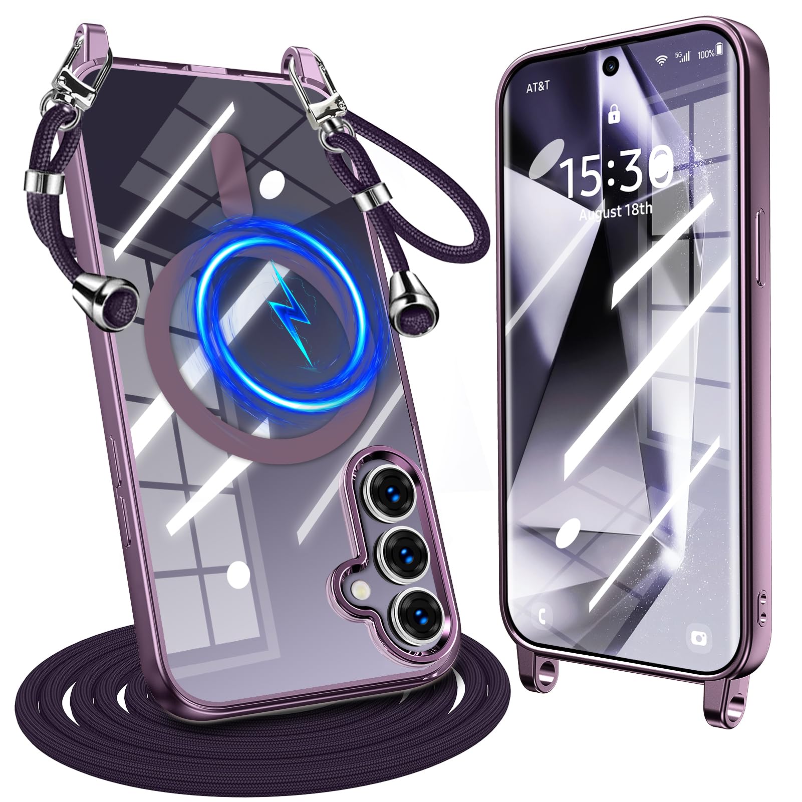 Galaxy S24 用 ケース クリア ショルダー 耐衝撃 ギャラクシーs24 用 ケース Magnetic対応 ストラップホール付き SC-51E SCG25 用 肩掛け 紐付き TPU 斜めかけ 縄掛けケース 長さ調整可能 取り外し可能 落下防止 紛失防止 軽量 一体型 ワイヤレス充電対応 メッキ加工 サムスン 用 カバー 紫 W-CXKS-04-06