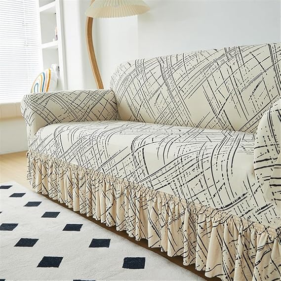 Geometric Printed Sofa Cover Slipcover With Ruffled Skirt, Stretch Couch Covers Easy Fit Washable Furniture Cover Sofa Bed Cover For Chair Loveseat Sectional Sofa(Grey,4 seaters (235-290cm))