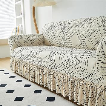 Geometric Printed Sofa Cover Slipcover With Ruffled Skirt, Stretch Couch Covers Easy Fit Washable Furniture Cover Sofa Bed Cover For Chair Loveseat Sectional Sofa(Grey,4 seaters (235-290cm))
