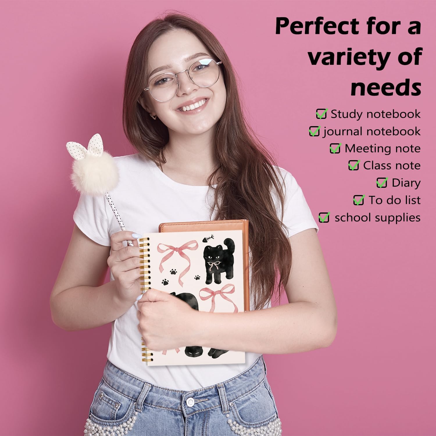 Pink Cat Notebook Journal Spiral for Women Teen Girls 5.5x8.3 image 3
