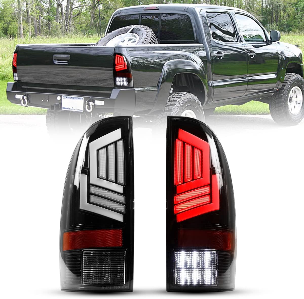 Winjet LED Tail Light Assembly Fit For 2005-2015 Toyota Tacoma Full Led Taillight Replacement w/Sequential Turn Signal Light/DRL/Brake Light/Reverse Light (Black Housing Clear Lens)