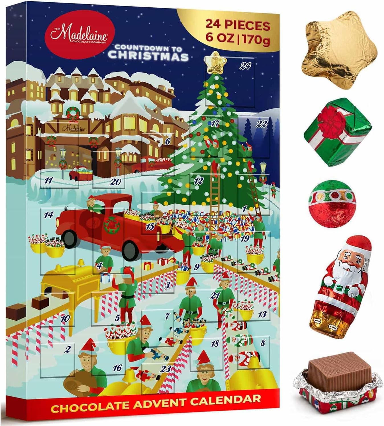 Madelaine Solid Premium Milk Chocolate Santa's Workshop 2026 Countdown Christmas Advent Calendar With 24 Solid Premium Milk Chocolates, 6oz