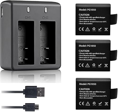 Paquete de 3 baterías de cámara de acción de 1050 mAh, cargador de batería dual compatible con AKASO EK7000/CAMPARK/CROSSTOUR/APEMAN/Dragon