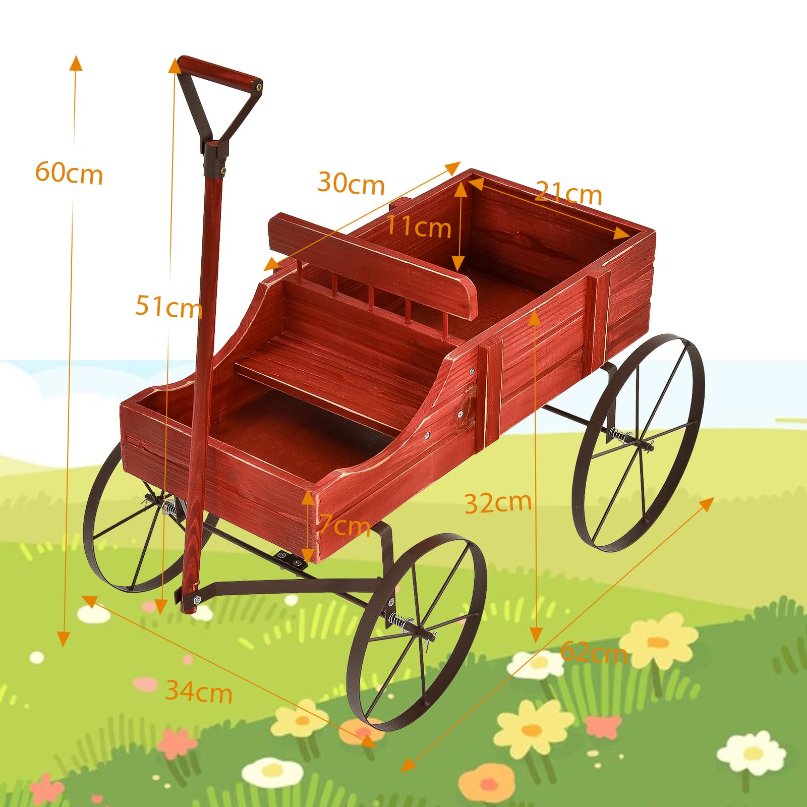 SOARS Soporte para flores, carrito de flores con 4 ruedas de metal, soporte para plantas de madera maciza, jardinera decorativa, carrito de madera, carrito para jardín y balcón (rojo)