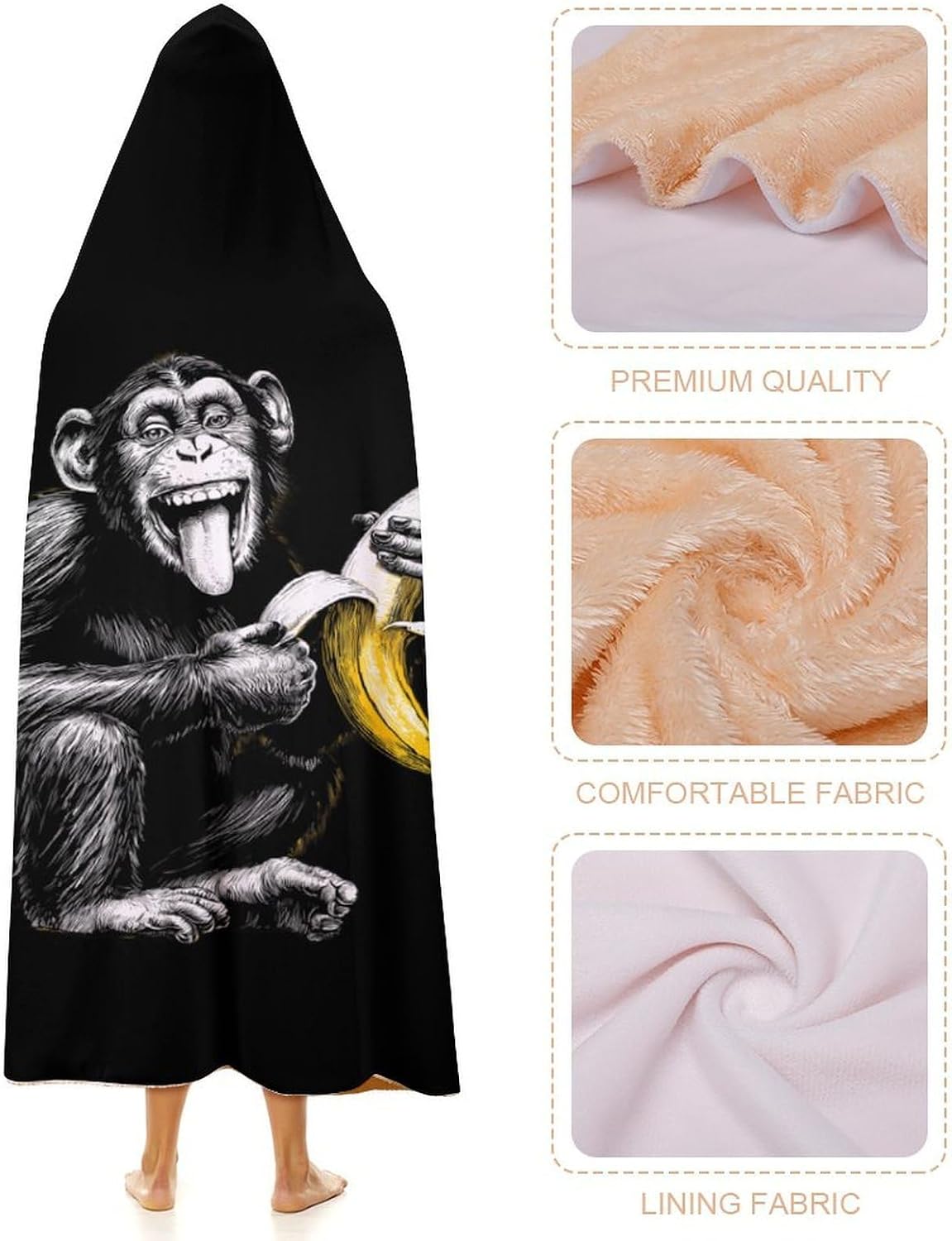 Chimpanzee Monkey Banana Wearable Blanket Oversized Throw Cape | Cozy Hooded Blanket Gifts for Women Men