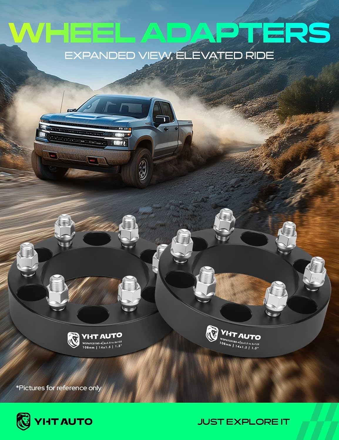 YHTAUTO 6x5.5 to 6x135 Wheel Adapters 1.5 inch Fits Chevy Silverado 1500, Tahoe, GMC Sierra 1500, Cadillac Escalade, Forged Wheel Tire Adapters w/ M14x1.5 & 12.9 Studs, 108mm Center Bore 6 Lug 4PCS