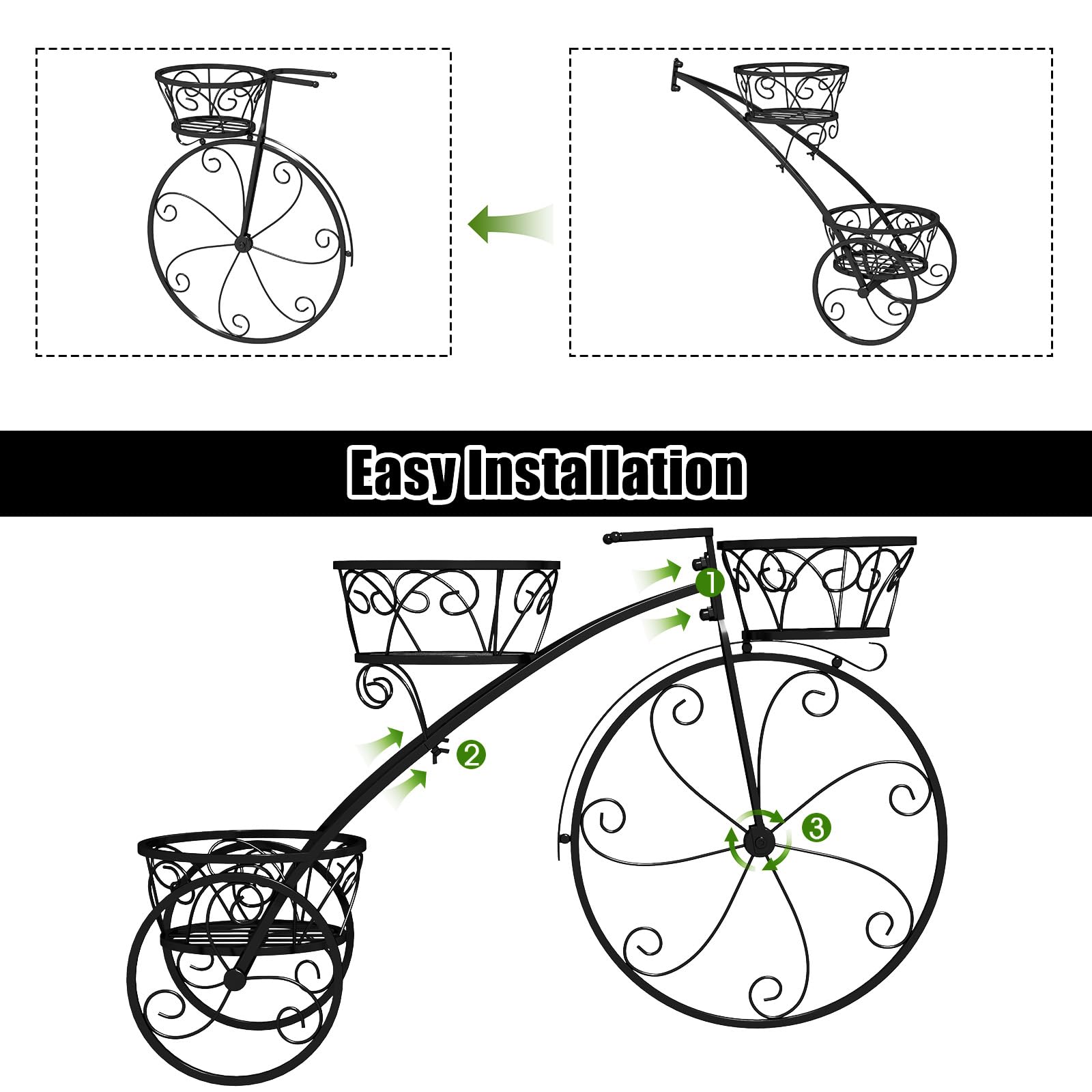 HOMASIS Support de Fleurs en Forme de Vélo, Échelle de Plantes en Métal avec 3 Niveaux, Jardinière pour Plantes, Style Vintage pour Jardin, Balcon, Bureau, Étagèrer, 85 x 25 x 50 cm, Noir
