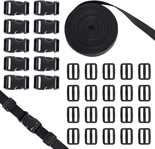 Buckles Straps Set 1 inch, LUNARUBBY Webbing Straps Polypropylene 11 Yards+10PCS Quick Side Release Plastic Buckles+20PCS Tri-Glide Slide Clip, Heavy Duty Straps with Buckles