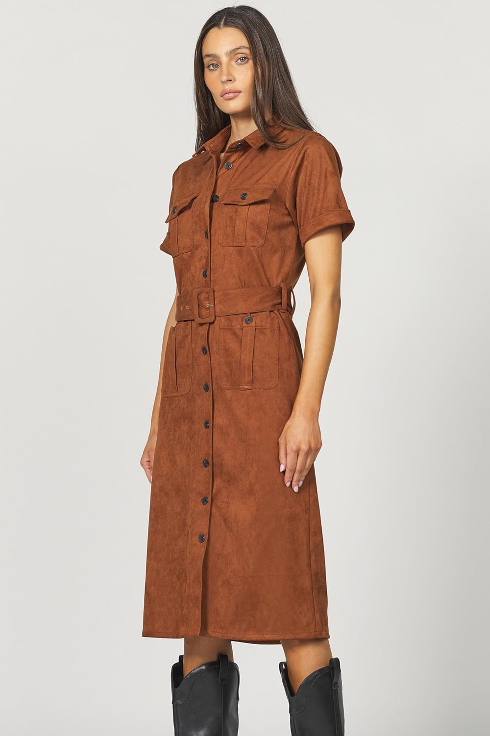 DEAR JOHN Raquel Dress Midi Length Classic Fit Button Front Collared Short Sleeve Self Belted - Image 4