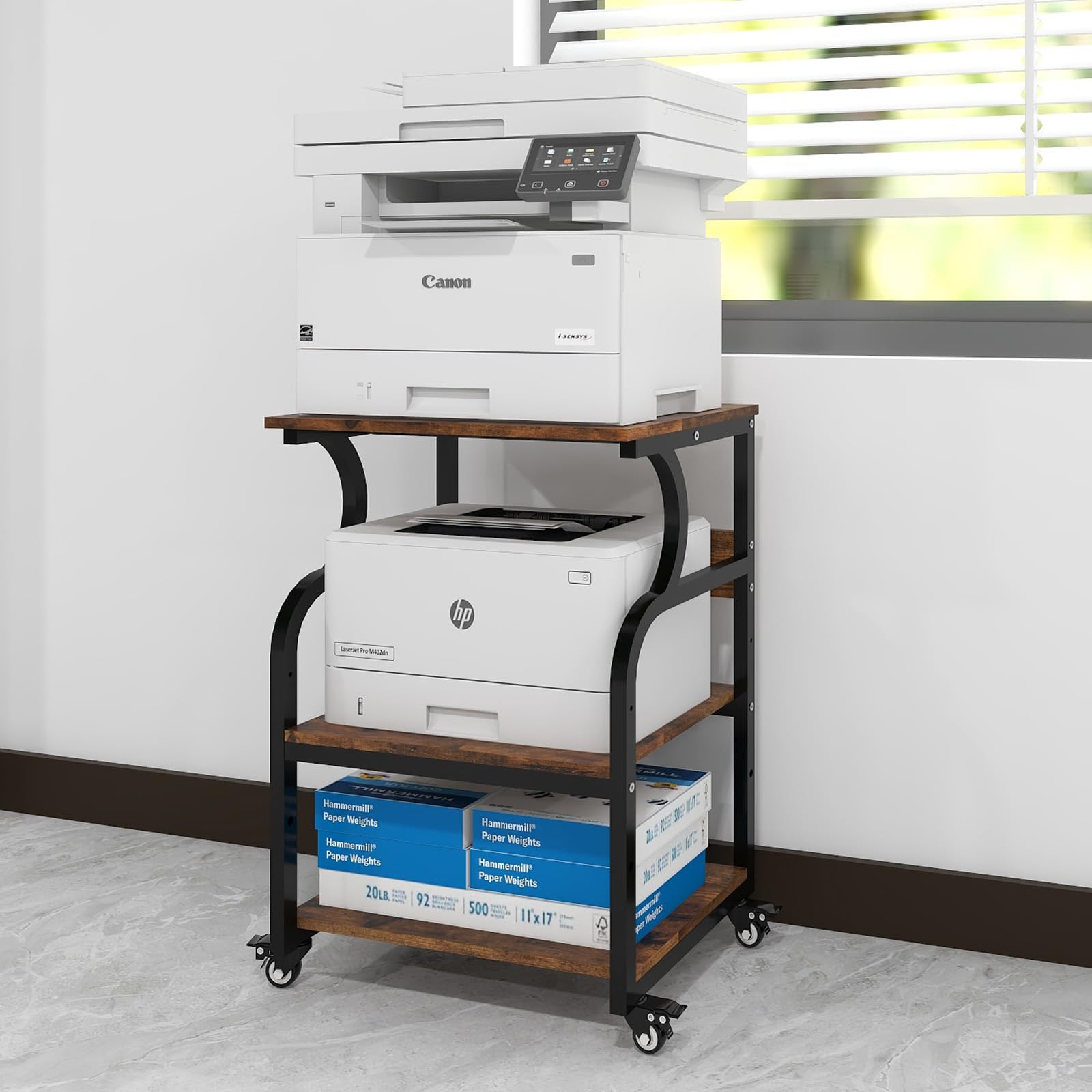 PUNCIA Mesa para Impresora 60 x 50 cm Ajustable en Altura Soporte para Impresión de 3 Niveles con Ruedas Móvil de Madera y Metal Carrito Estante de Almacenaje para Oficina Escuela Estudio Retro