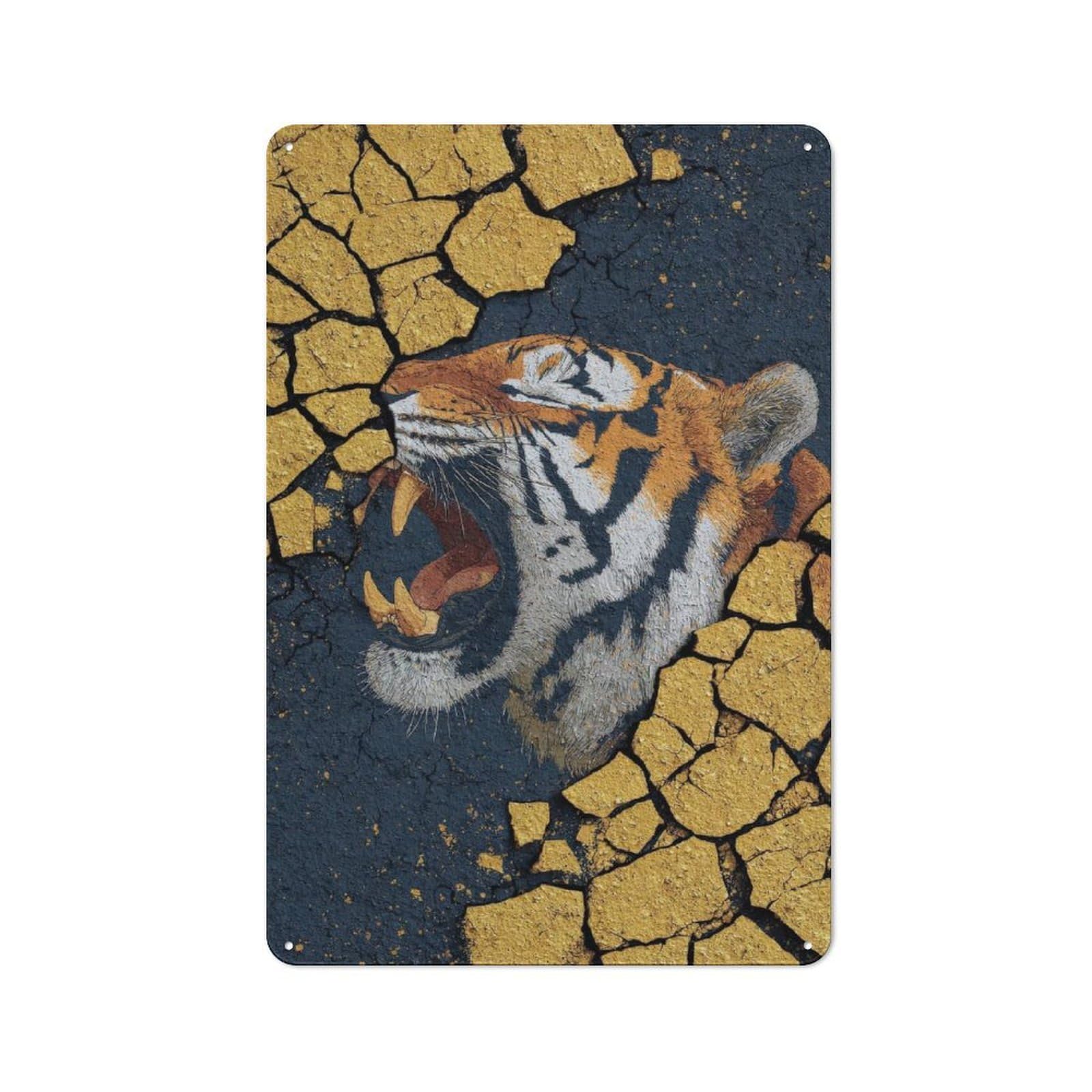 Roaring Tiger Emerging from Cracked Surface Retro Metal Sign 30x20cm, Distressed Look Retro Room Decor for Living Room, Hallway, Kitchen Or Cafe