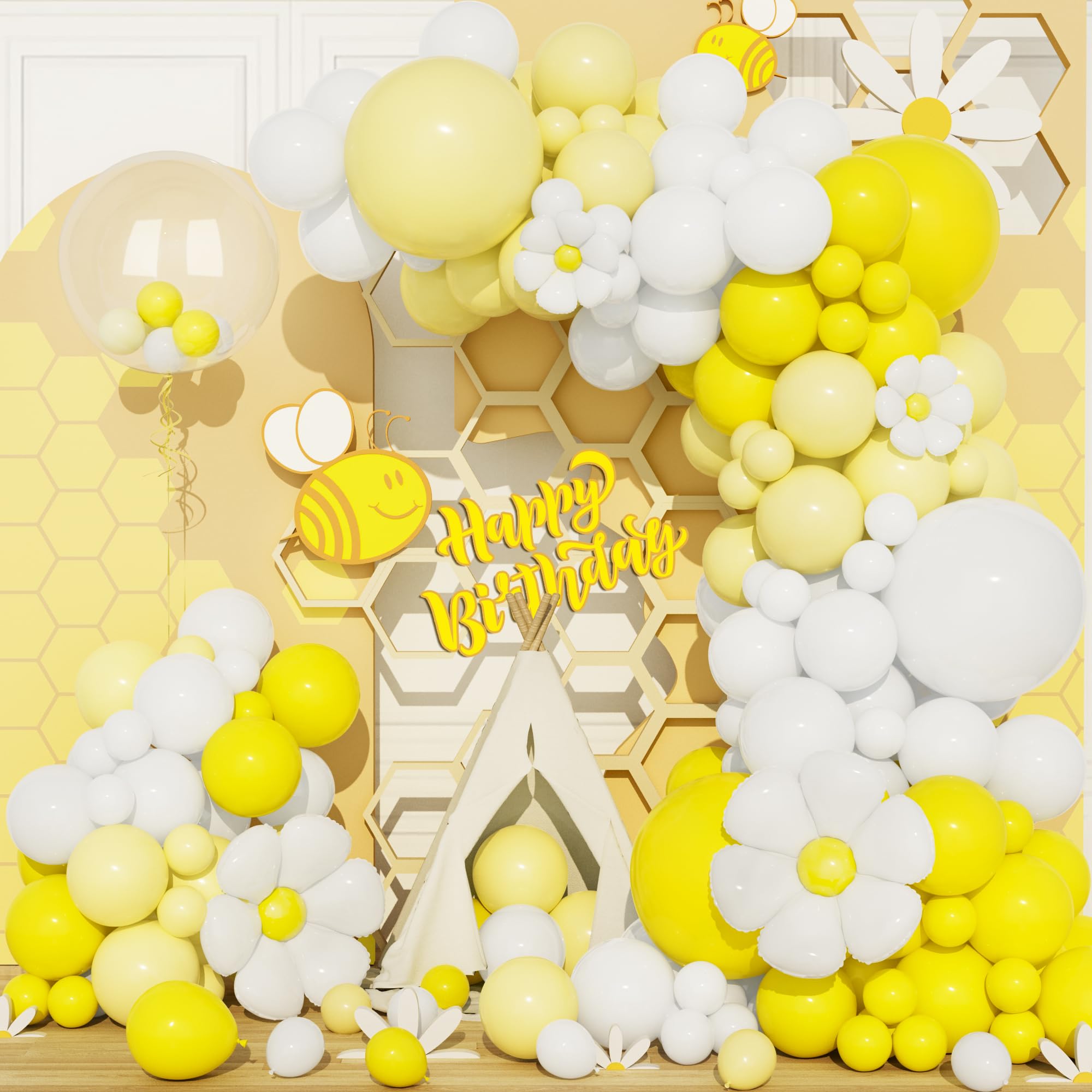 Yellow Balloons Arch Kit, 117Pcs 5 10 12 18 Inch Daisy Flower Balloons Garland Kit,Matte Yellow Latex Pastel Yellow Balloons for Birthday Party Baby Shower Bee Theme Party Decorations