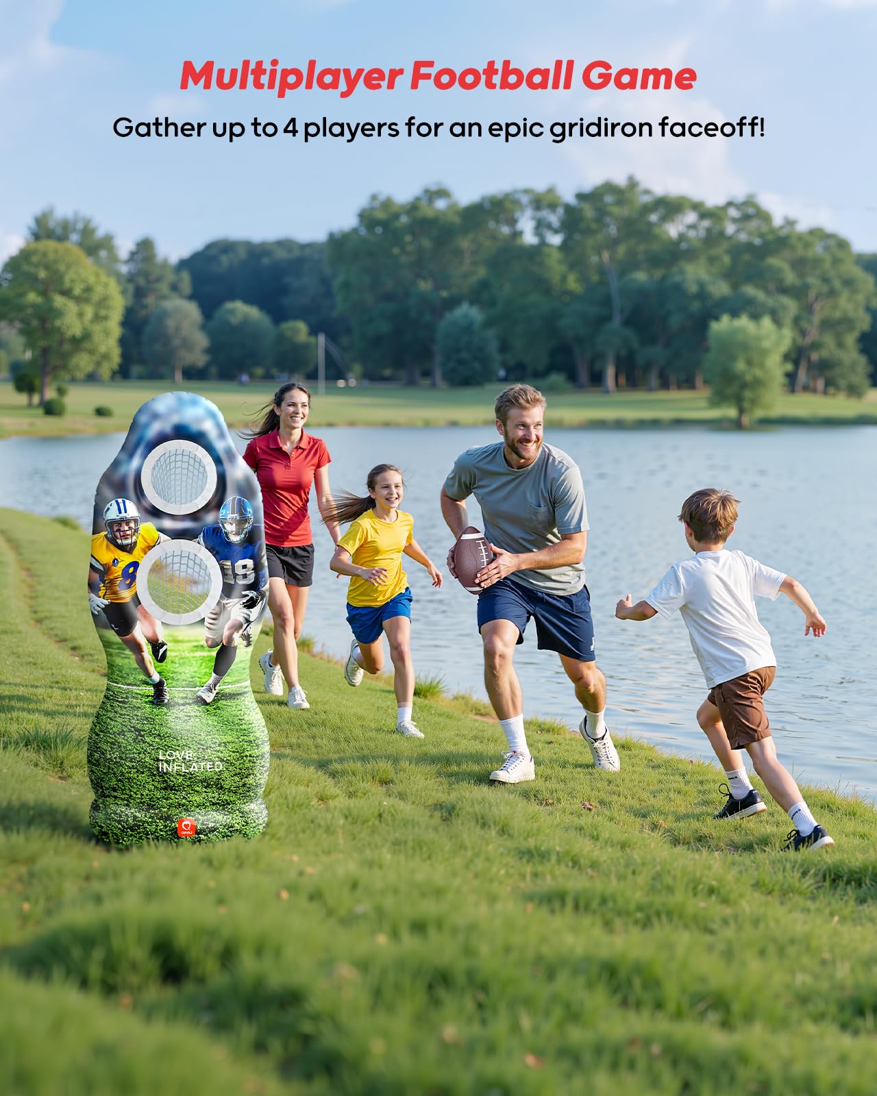 QPAU Dual-Hole Inflatable Football Target for Kids & Adults, Life-Size Backyard Toss Game with 4 Balls, Scoreboard & Pumps – Outdoor Toy for Boys Girls, Sports Training & Family Fun