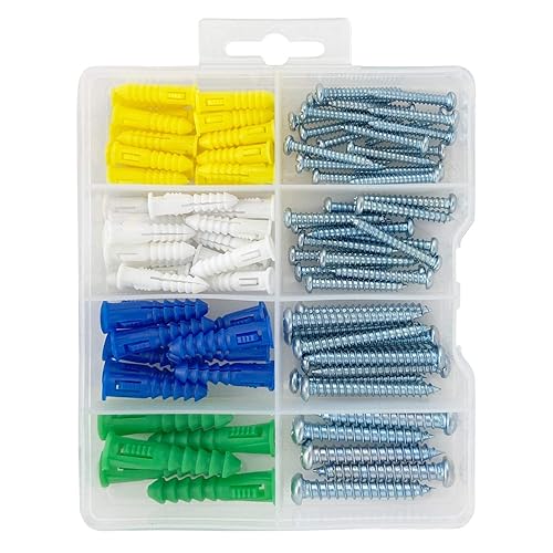 Kit de anclajes de pared de 100 piezas, 4 tamaños, anclaje de plástico para paneles de yesohormigón, tornillo Phillips de cabeza plana incluido