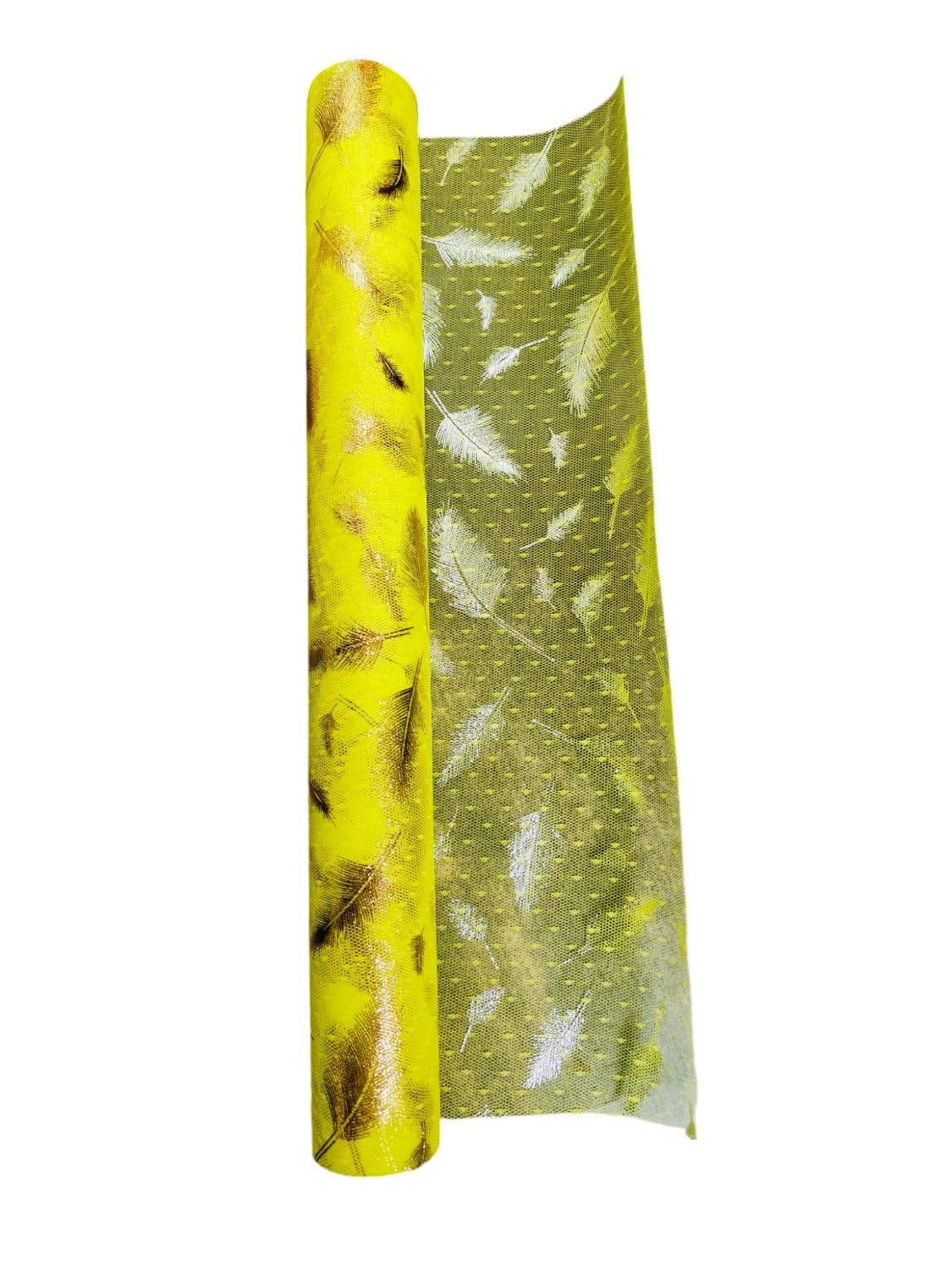 48 CM X 5 Yards Golden Feather Print Net Fabric Roll for Decoration, Fruit/Dryfruit/Gift Wrapping & Trousseau Tray Packing and Art and Craft (Yellow, 1Pc Net Roll)-image-41