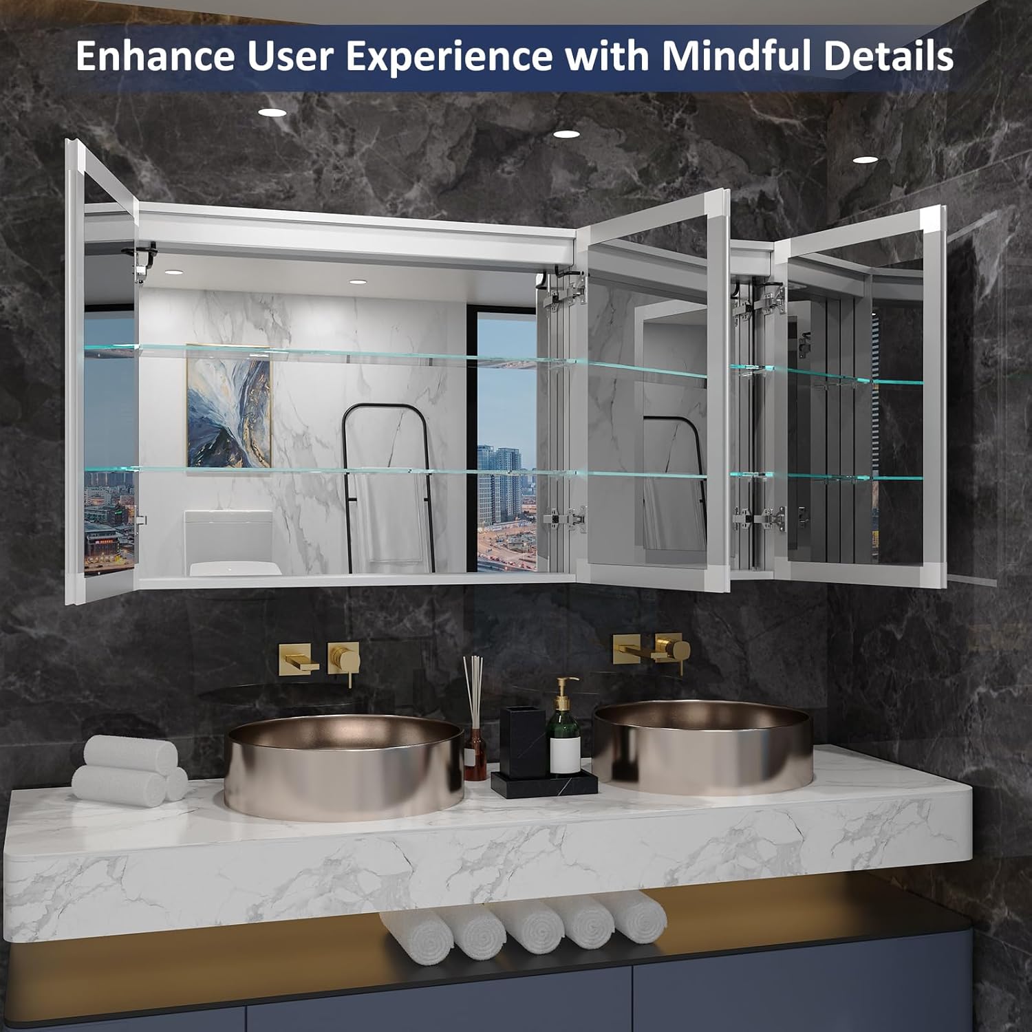 60"×32" Lighted Bathroom Medicine Cabinet with Mirror, Recessed Medicine Cabinet Mirror with Lights, Three Door LED Bathroom Mirror with Outlet & Clock, Dimming, Defogger, Memory Function