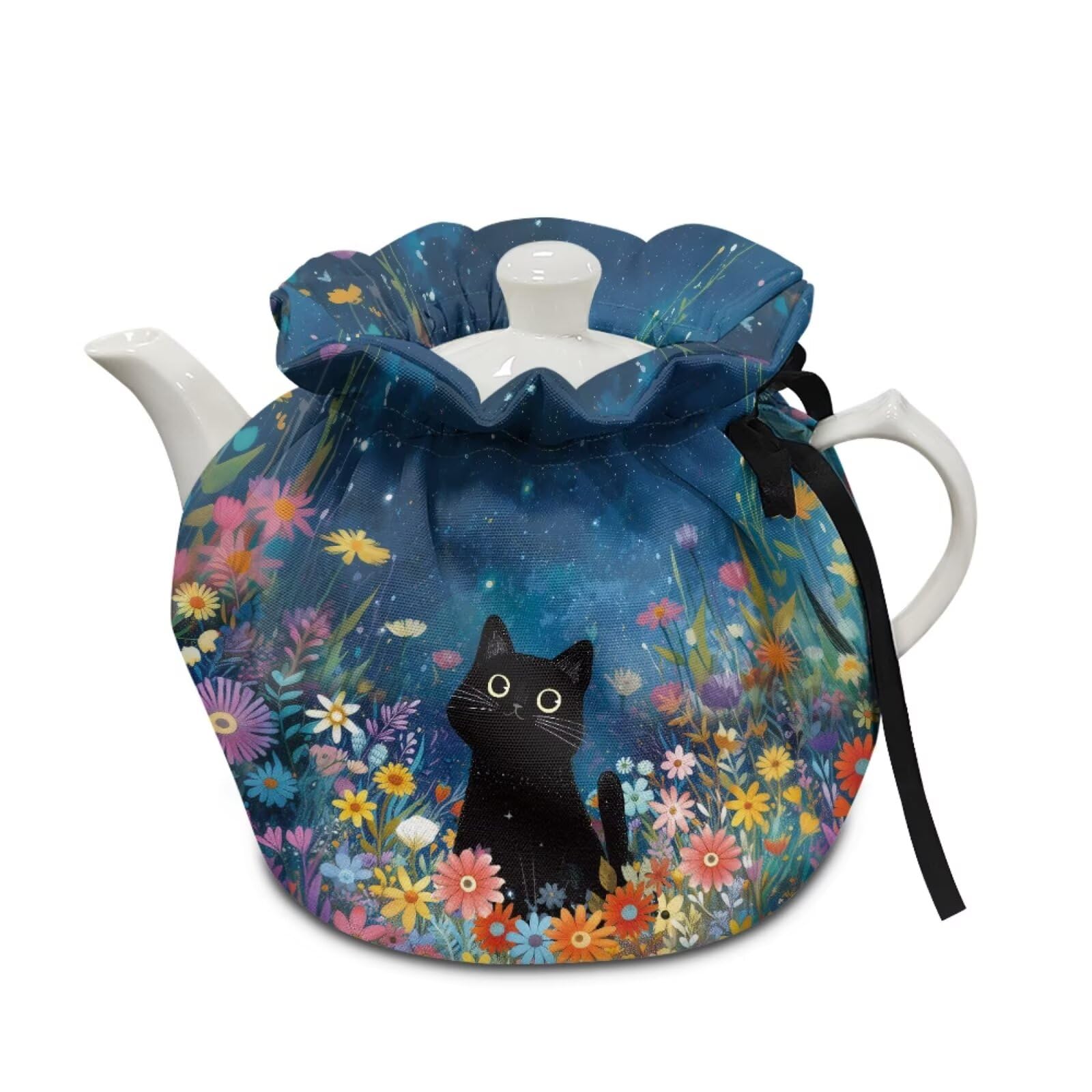 Xoenoiee Black Cat Groovy Daisy Tea Cozy Tea Cosy for Teapots Keep Warm Teapot Cover Insulated Kettle Cover for Home Kitchen Table Decor